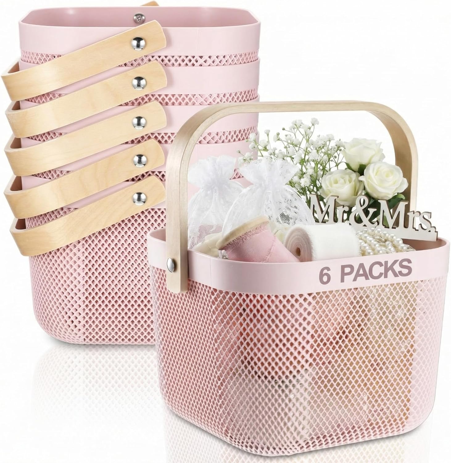 Roshtia 6 Pcs Plastic Mesh Storage Basket with Handle 9.8 x 10.2 x 7.1 Inch Garden Harvest Storage Basket Multi Functional Hanging Organizer for Kitchen Bathroom Picnic Cabinet Home(White)