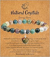 MAIBAOTA Indian Agate Healing Crystal Bracelet for Women - 8mm Beaded Stretch Heart Charm, Emotional Balance Jewelry Gift for Birthday Mother's Day