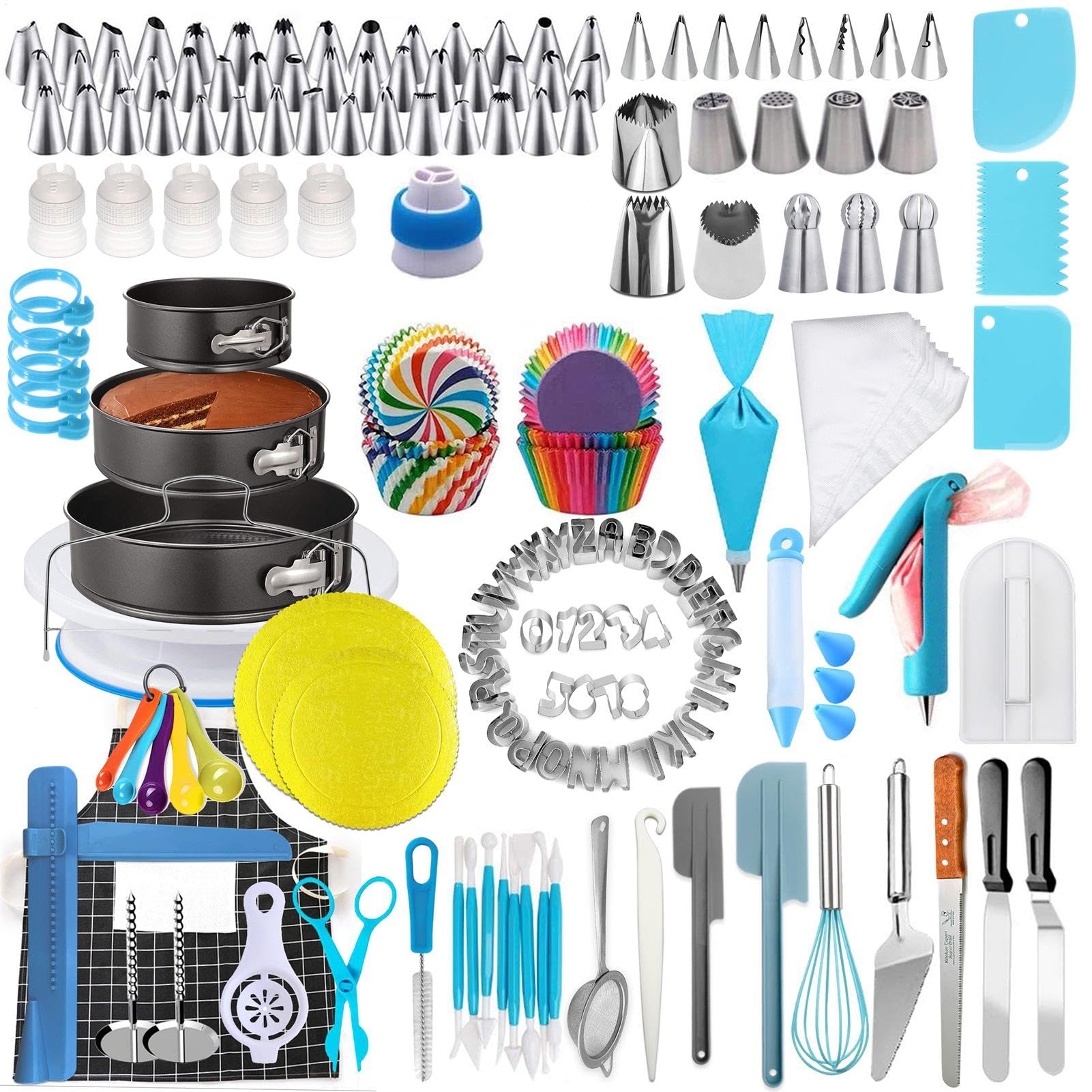 Juego para decoración de tartas de 458 piezas – Manga pastelera con puntas | de acero inoxidable, anillos de fijación reutilizables tijeras para transferencia de flores | Kit completo de cake pop para