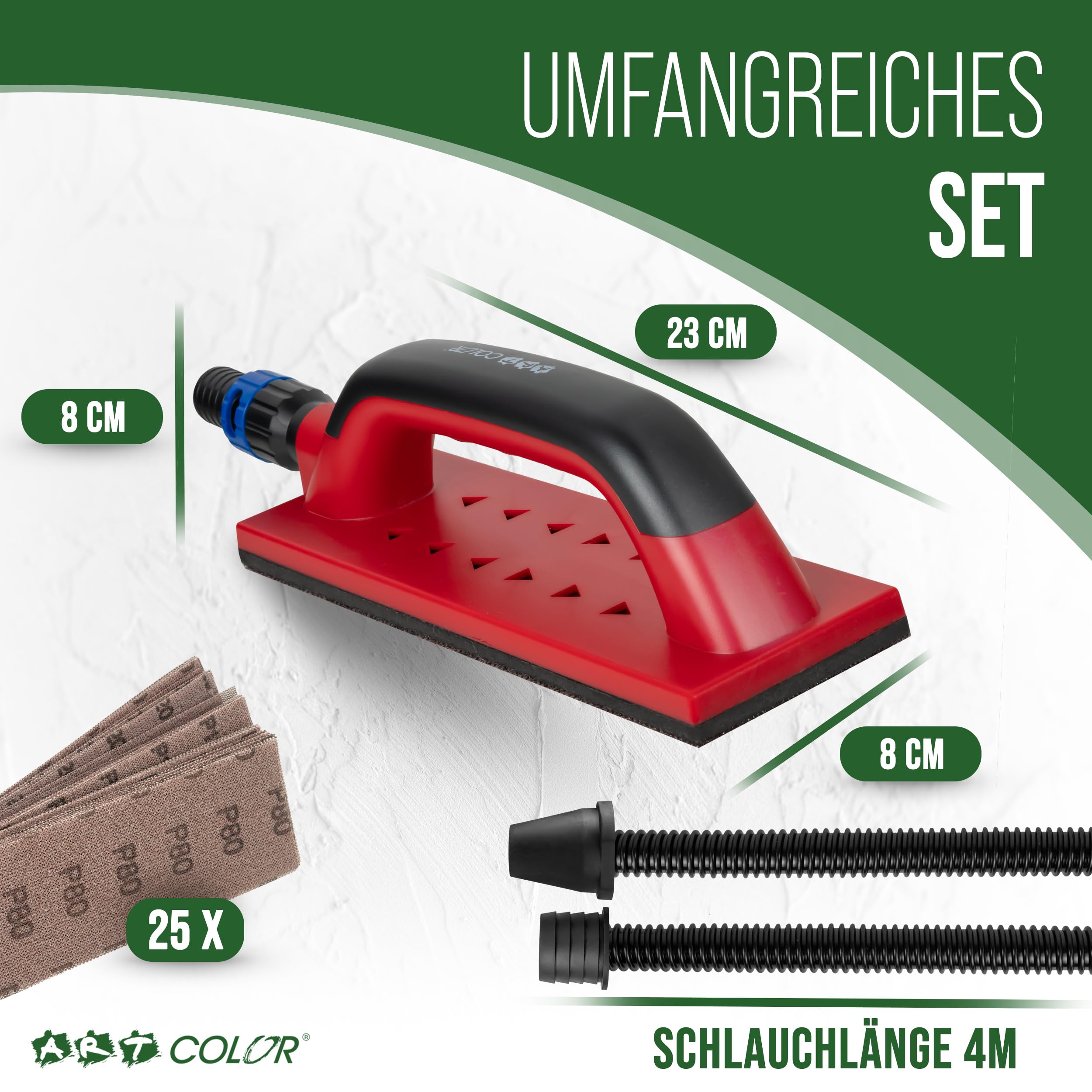 Art Color Set di levigatrici a mano – blocco abrasivo (80 x 230 mm) con aspirazione e velcro per levigatura senza polvere – con tubo di aspirazione da 4 m e 25 griglie abrasive Art Color Grana grana: