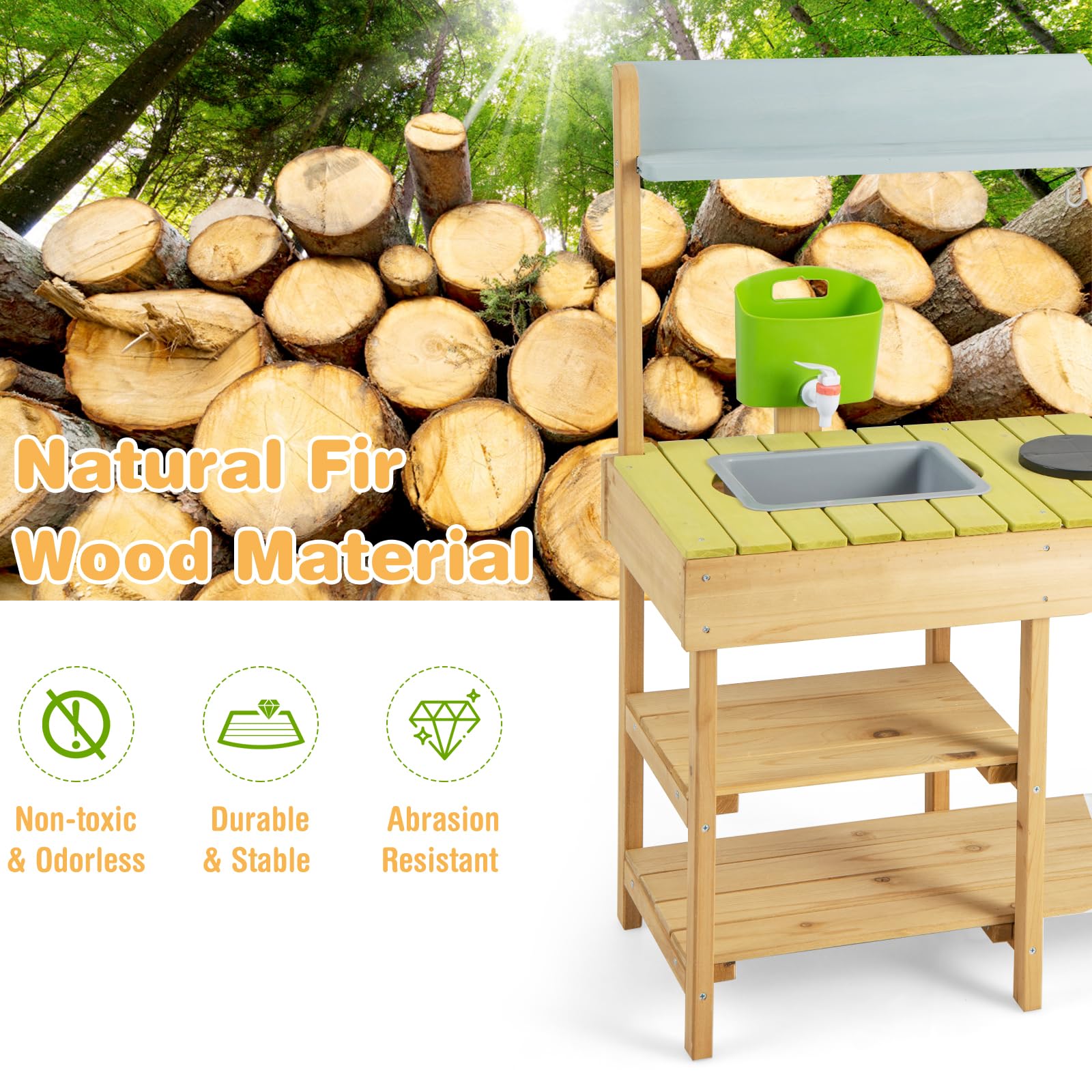 HOMASIS Cocina Infantil de Barro, Cocina Juguete con dispensador de Agua, Fregadero, Cocina de Juegos de Madera con Sonido, 3 Ganchos y estantes, para Exterior, niños de 3+ años, 75x35x92cm (Natural)