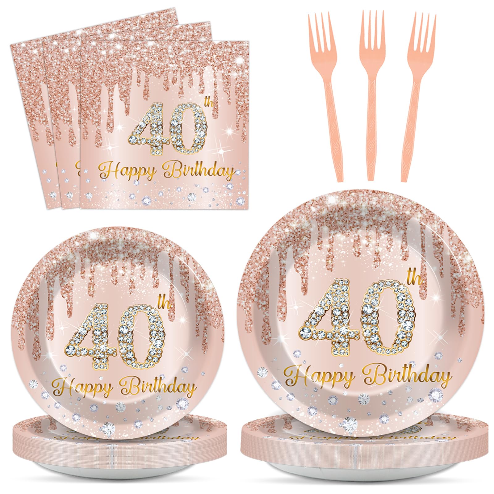 96PCS Rose Gold 40th Birthday Party Paper Plates and Napkins Forty Years Old Table Decorations 40th Birthday Disposable Dessert Tableware Set Serves 24 Guests Girl Ladies Women Party Supplies Favors