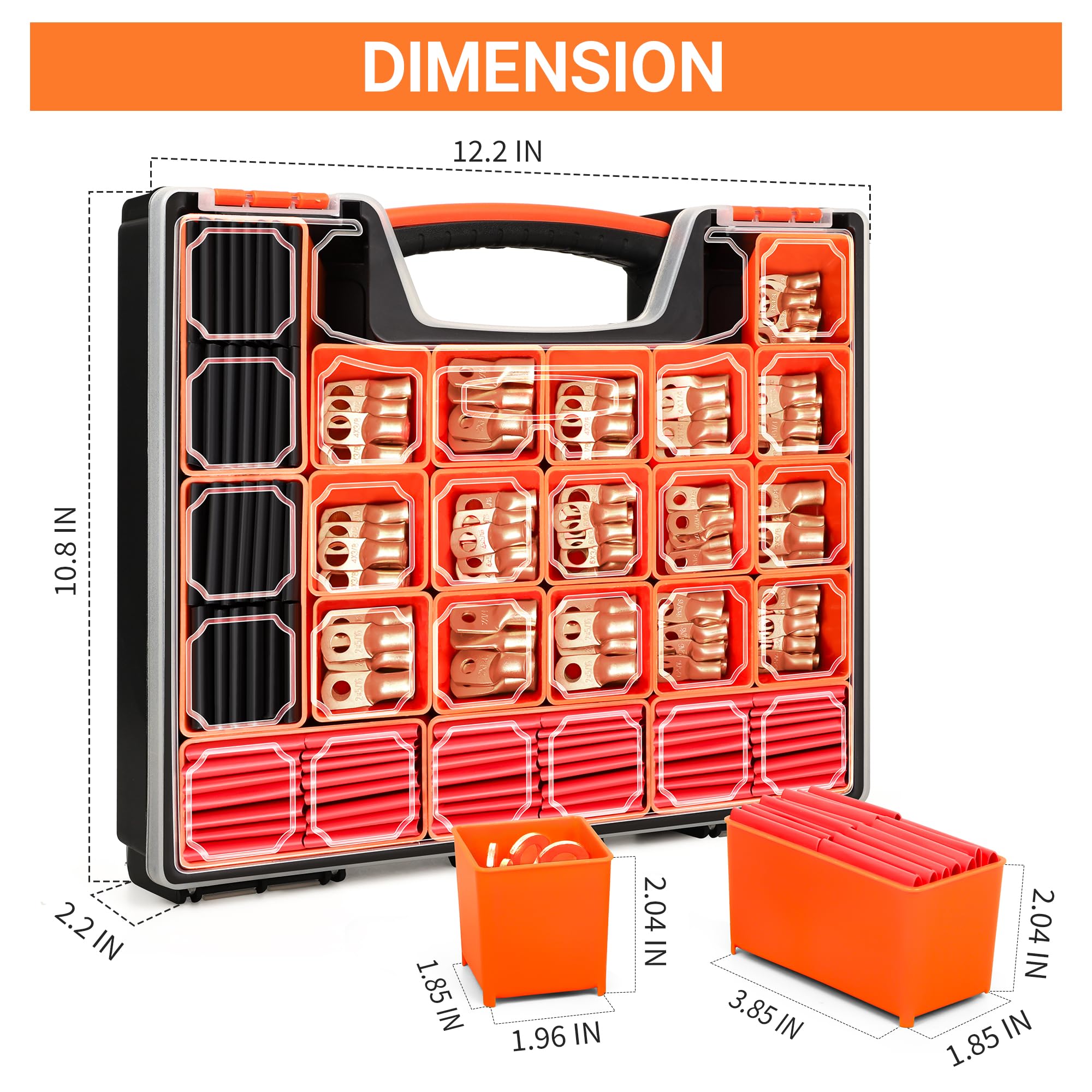Kuject 220 extremos de cable de batería AWG 1, 2, 4, 6, 8, 1/0, 2/0, 110 terminales de cobre resistentes, surtido de conectores de terminales de cable de batería con 110 tubos termorretráctiles 3:1