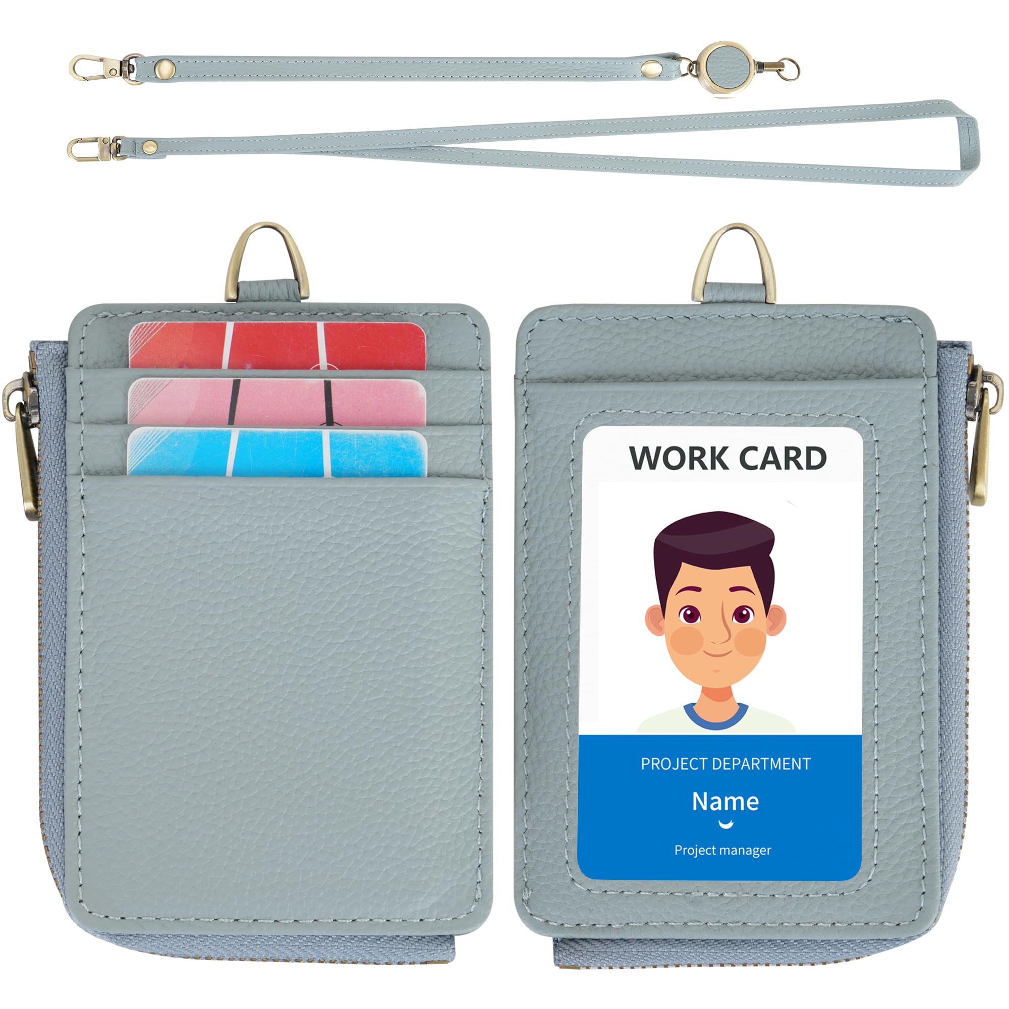 Wason Real Leather Badge Holder with Zipper Wallet, Detachable Neck Lanyard, Hand Strap, Retractable Badge Reel