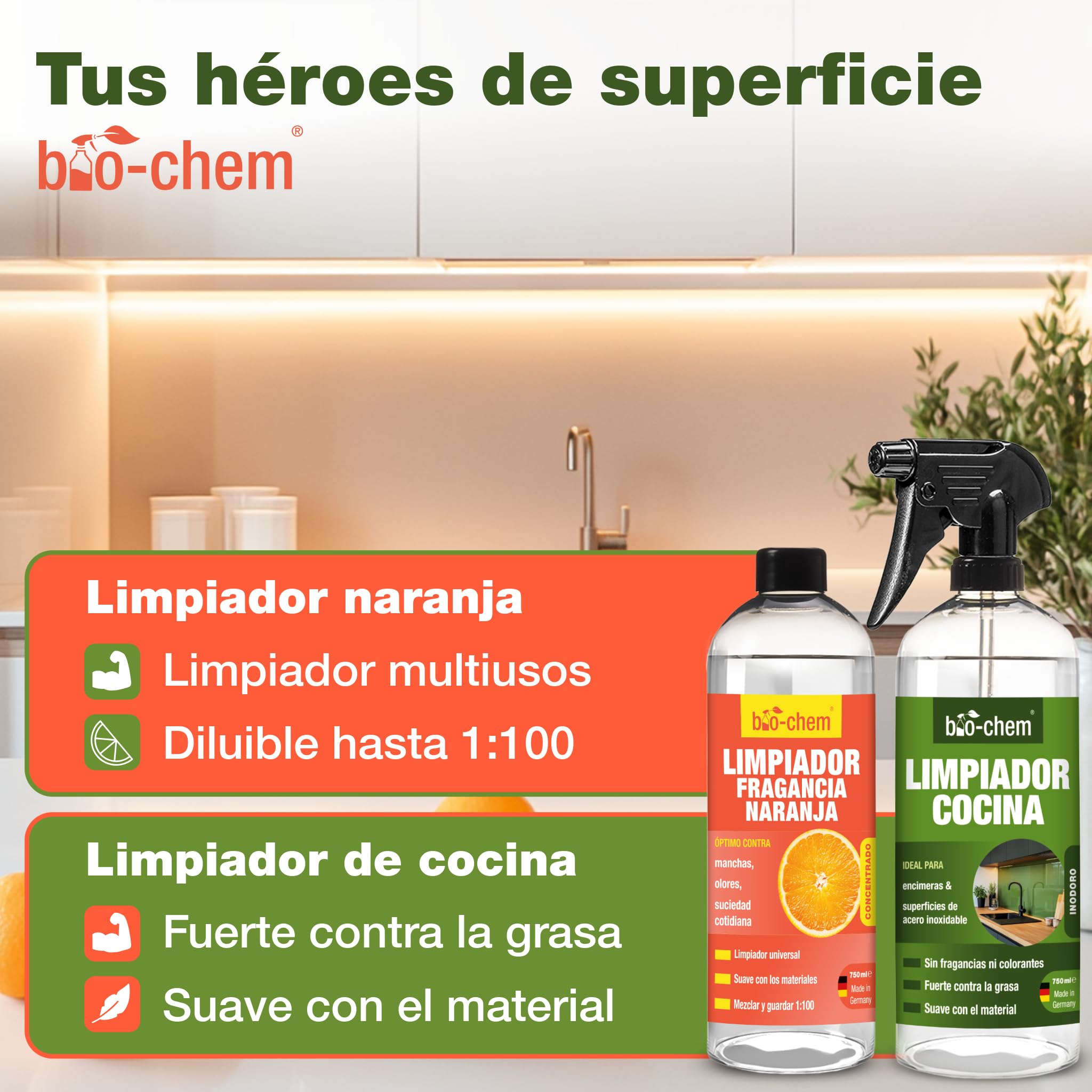 bio-chem Set de 10 productos y accesorios de cocina + caja | Limpiador para hornos, sartenes y ollas, cepillo incluido - Productos para superficies de la cocina - Accesorios incluidos