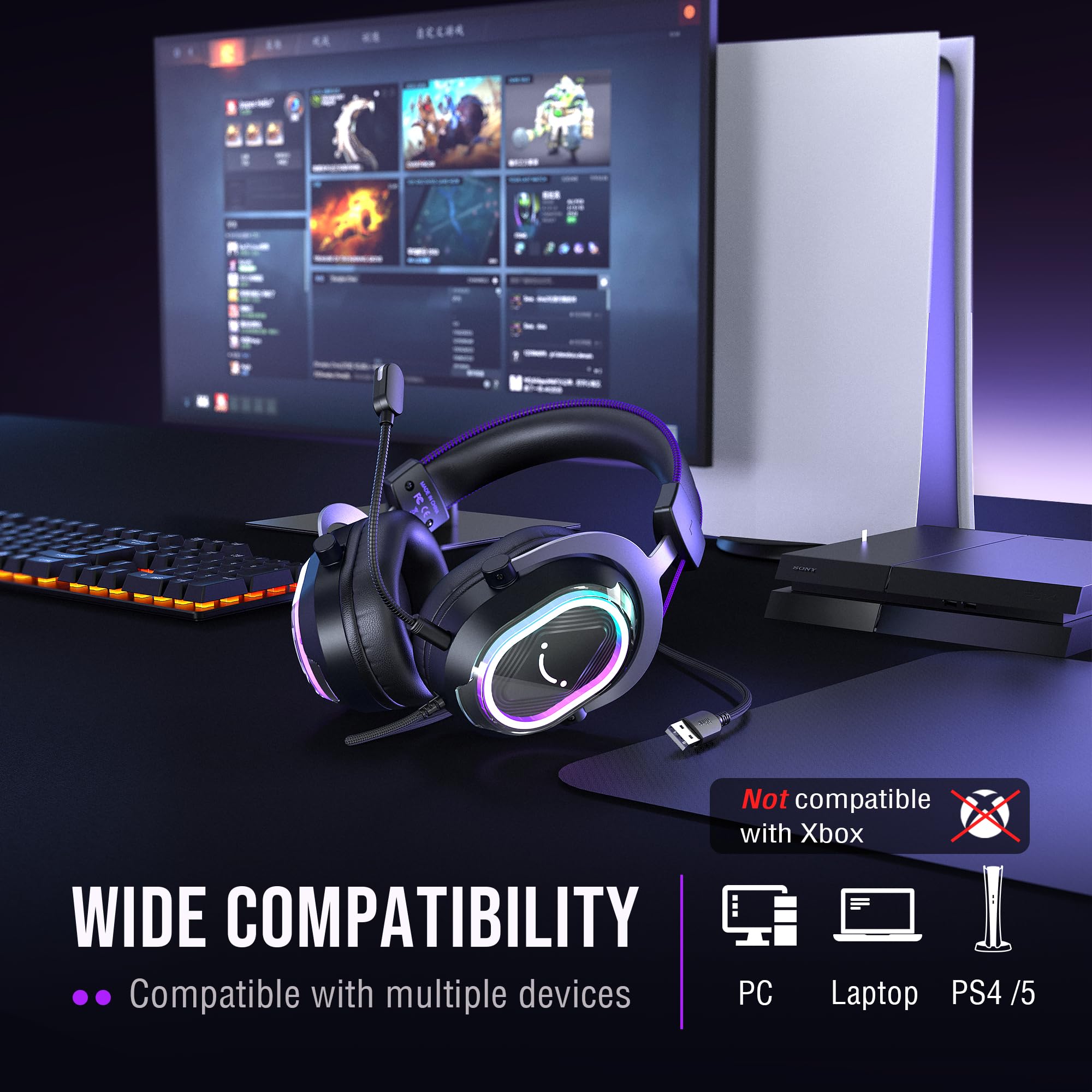 FIFINE AmpliGame H13 - Cuffie da gioco cablate: suono surround 7.1 - Illuminazione RGB vibrante - Microfono ANC - Auricolari ergonomici - Control Box - Cuffie USB over-ear streaming per PC, PS4, PS5
