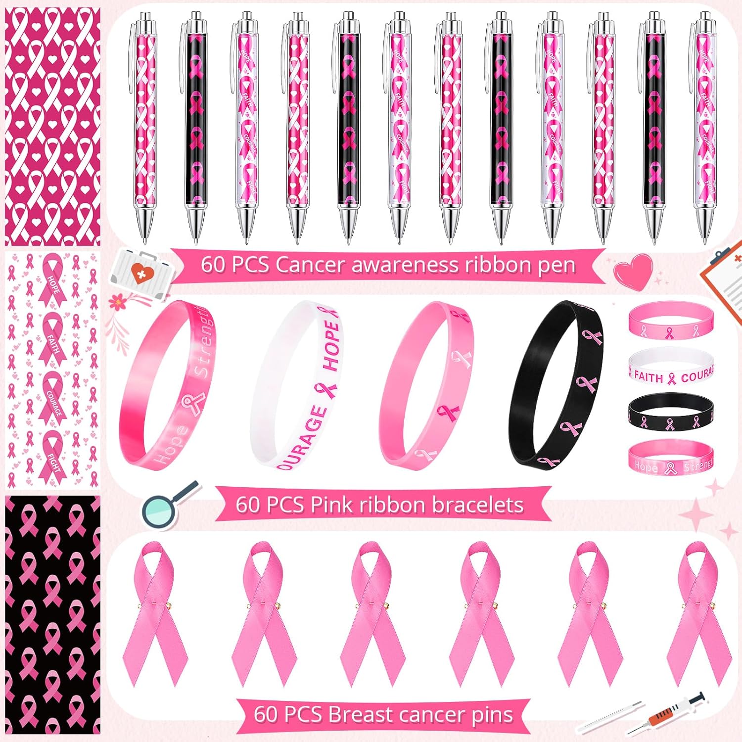 Seajan 180 Pcs Breast Cancer Awareness Accessories - 60 Pink Ribbon Bracelets, 60 Breast Cancer Pins, Black Ink Pink Ribbon Ballpoint Pens for Charity, Public Events