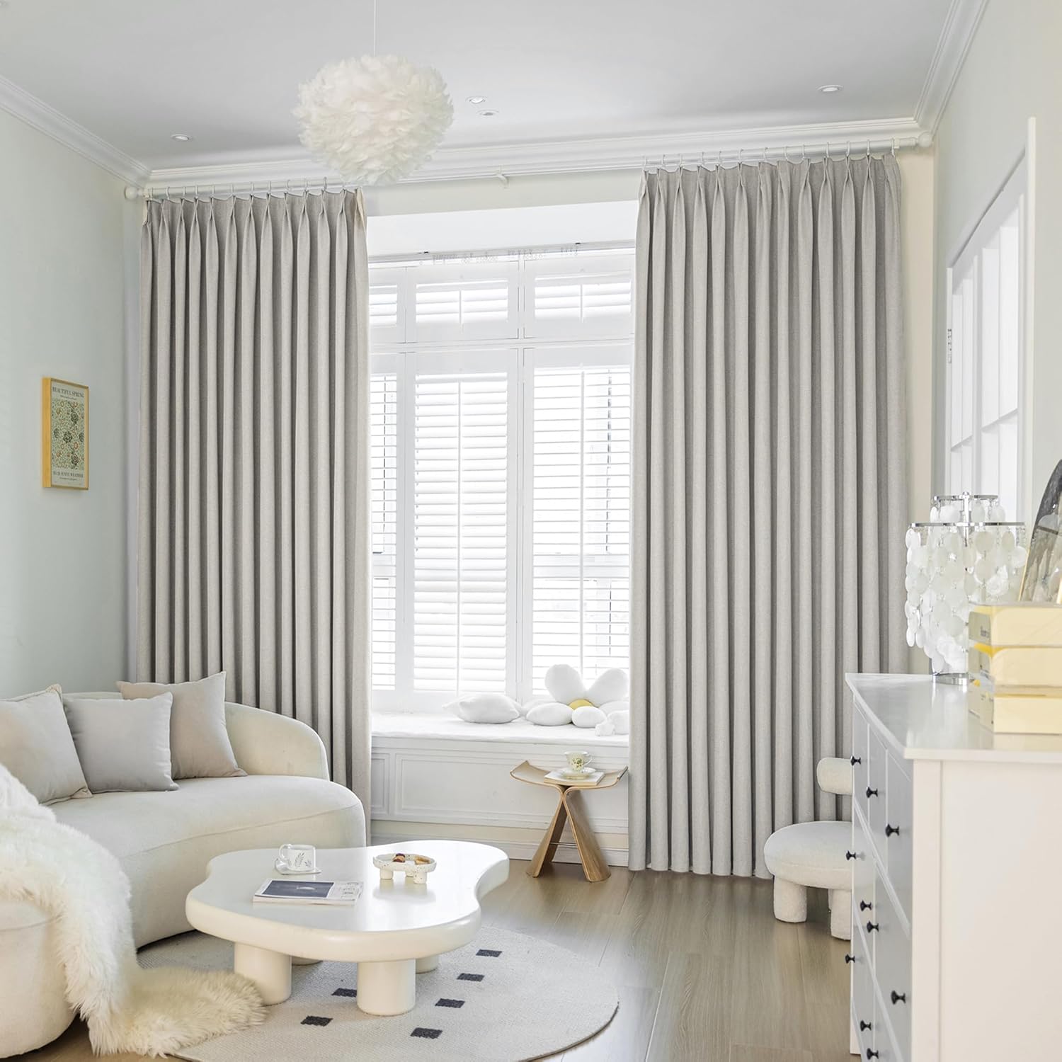 MAIHER Full Blackout Greyish Beige Pinch Pleat Curtain Linen Textured Thermal Insulated Waterproof Ceiling to Floor Extra Long Pleated Drape with Tieback for Living Room, 54" W x 120" L, 1 Panel