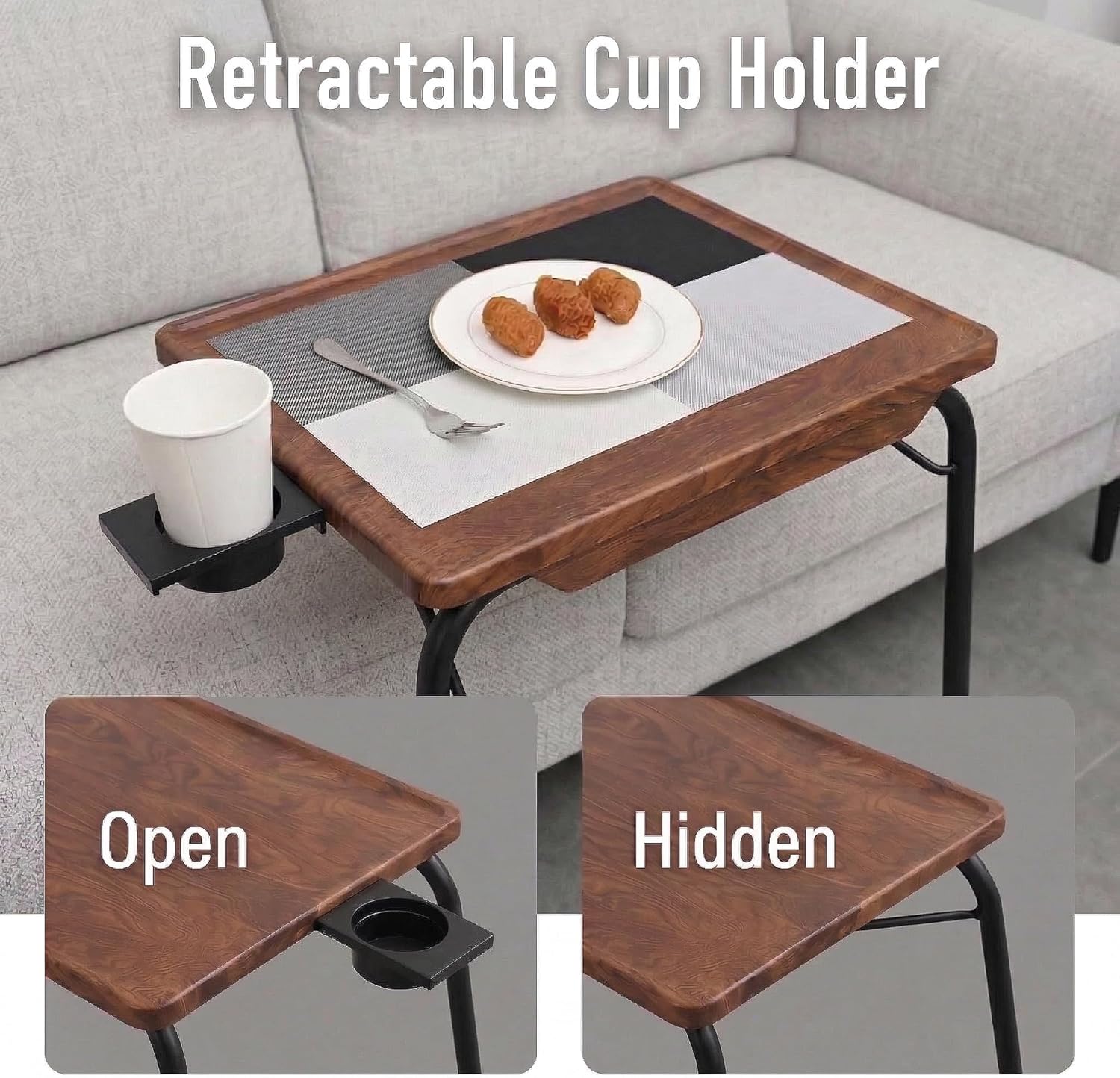 Japard Folding TV Tray Table, Small Bedside Sofa Dinner Table with Cup Holder, Adjustable 6 Height & 3 Tilt Angle (Woody 1pcs)