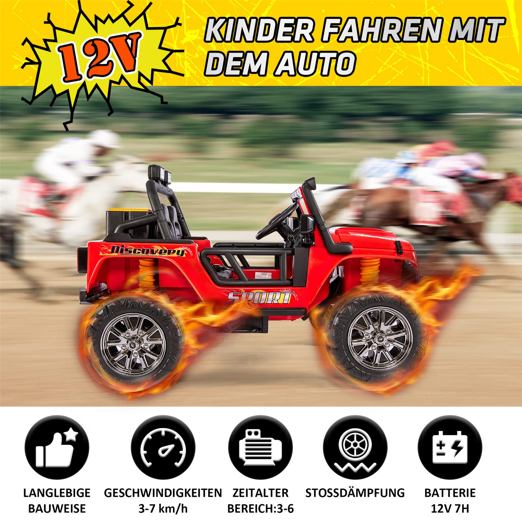 Auto Elettrica per Bambini 12v, Auto Elettrica con Telecomando, modalità Genitore, 3 Posti, USB Bluetooth. Telecomando, Soft Start, Motori 2 * 35w. Clacson, Luce Anteriore. 3-7 Km/H,Red