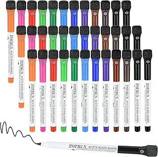 POPRUN Whiteboard Markers Whiteboard Pens: 36 Magnetic White board Pens Erasable with Eraser, 1mm Fine Tip Dry Wipe Pen for Weekly/Monthly Planner Whiteboard, Low Odor Marker Pens for Kids-11 Colors