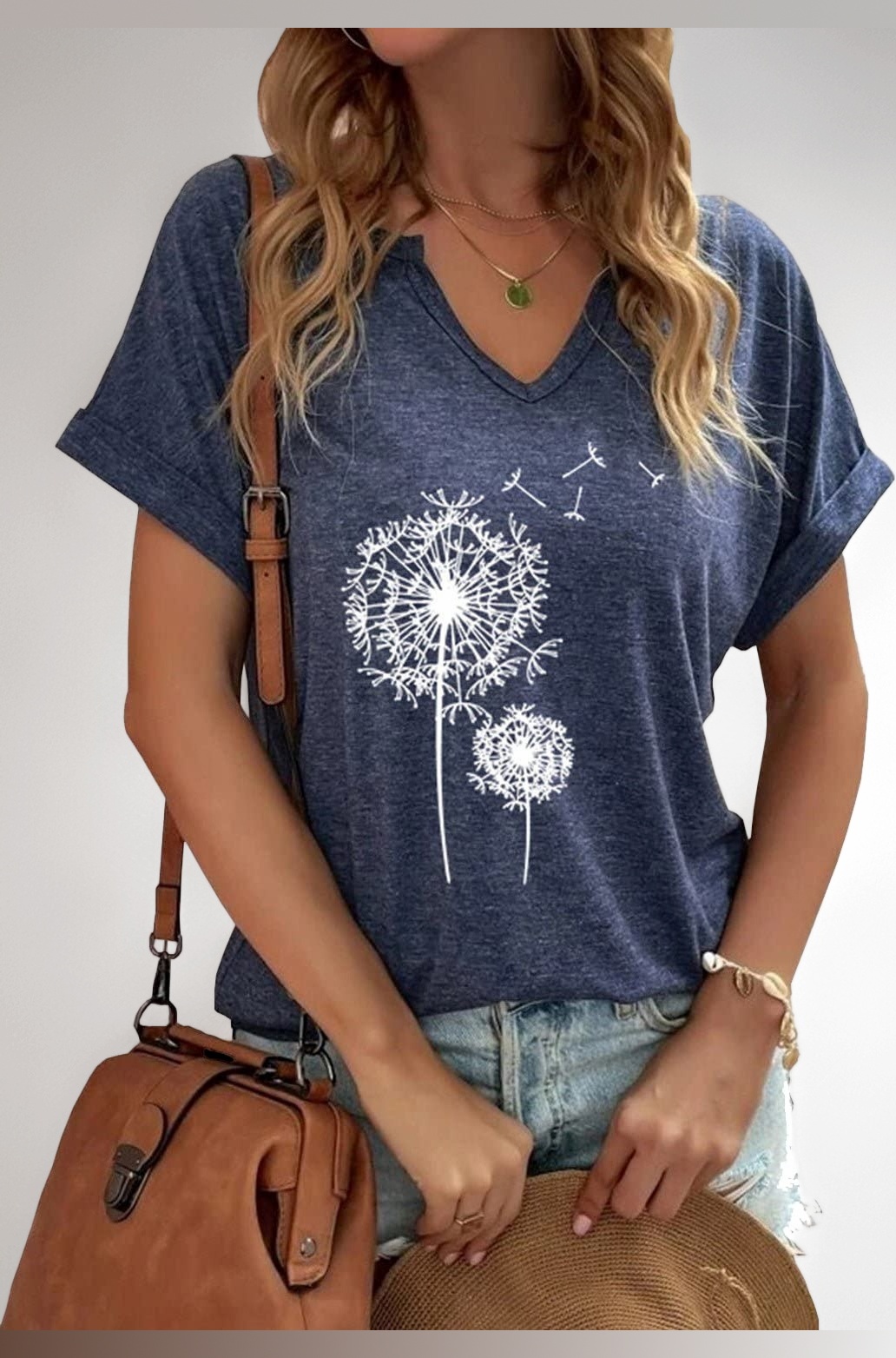 Women's T-Shirts V-Neck Dandelion Print Short Sleeve Casual Tee Tops Cute Graphic Shirts Solid Color Blouse