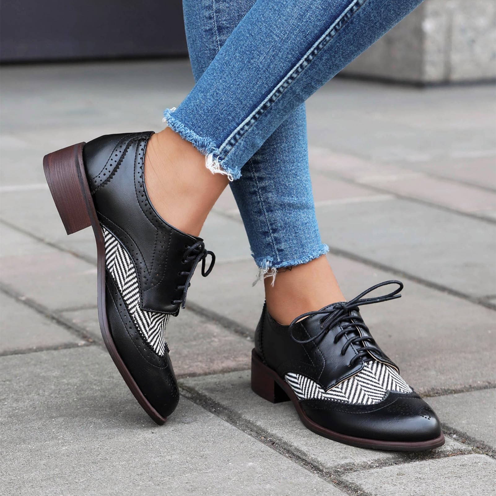 rismart Donna Classico Stringato Wingtips Tacco Grosso Contrastante Oxfords Scarpe Eleganti