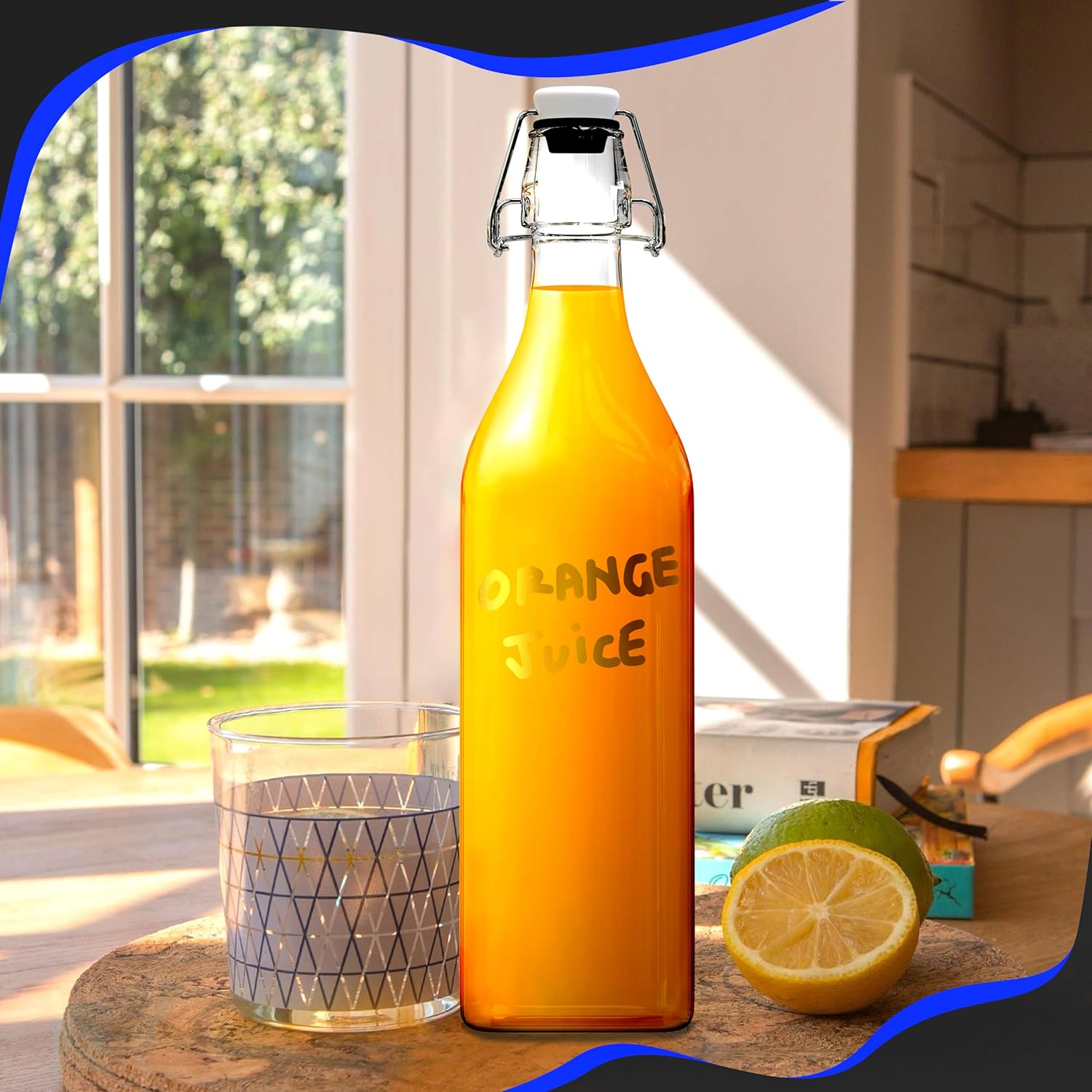 Nevlers 33 Oz Square Swing Top Glass Bottles with Stoppers | Flip Top Glass Bottle with Stopper 6 Pack | 1 L Syrup Bottle Set w/Funnel, Brush, Marker, Tags & Shrink Wrap | Dressing & Coquito Bottles - Image 8