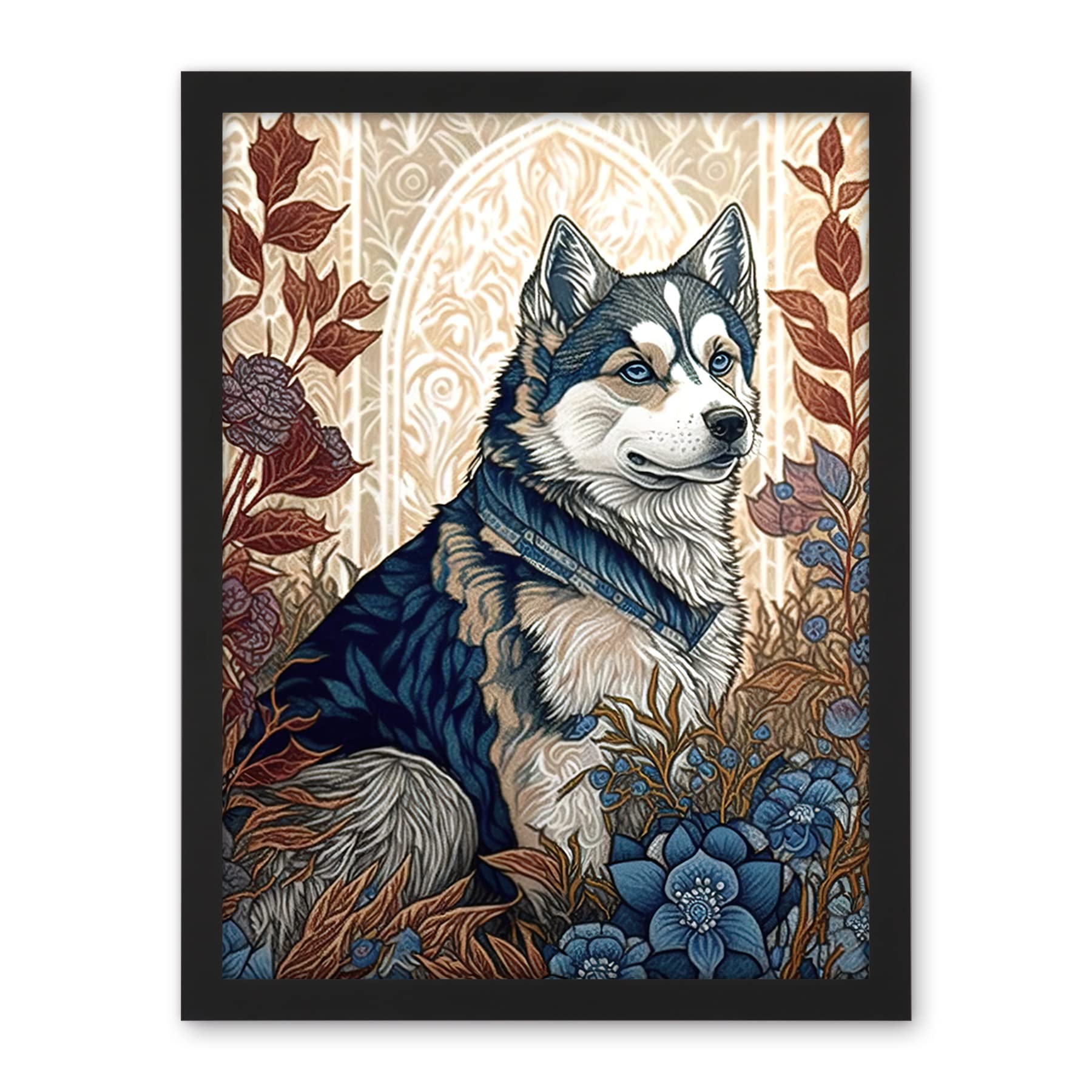 Artery8 Siberian Husky Dog in Autumn Flower Field Modern Art Nouveau Illustration Artwork Framed Wall Art Print 18X24 Inch