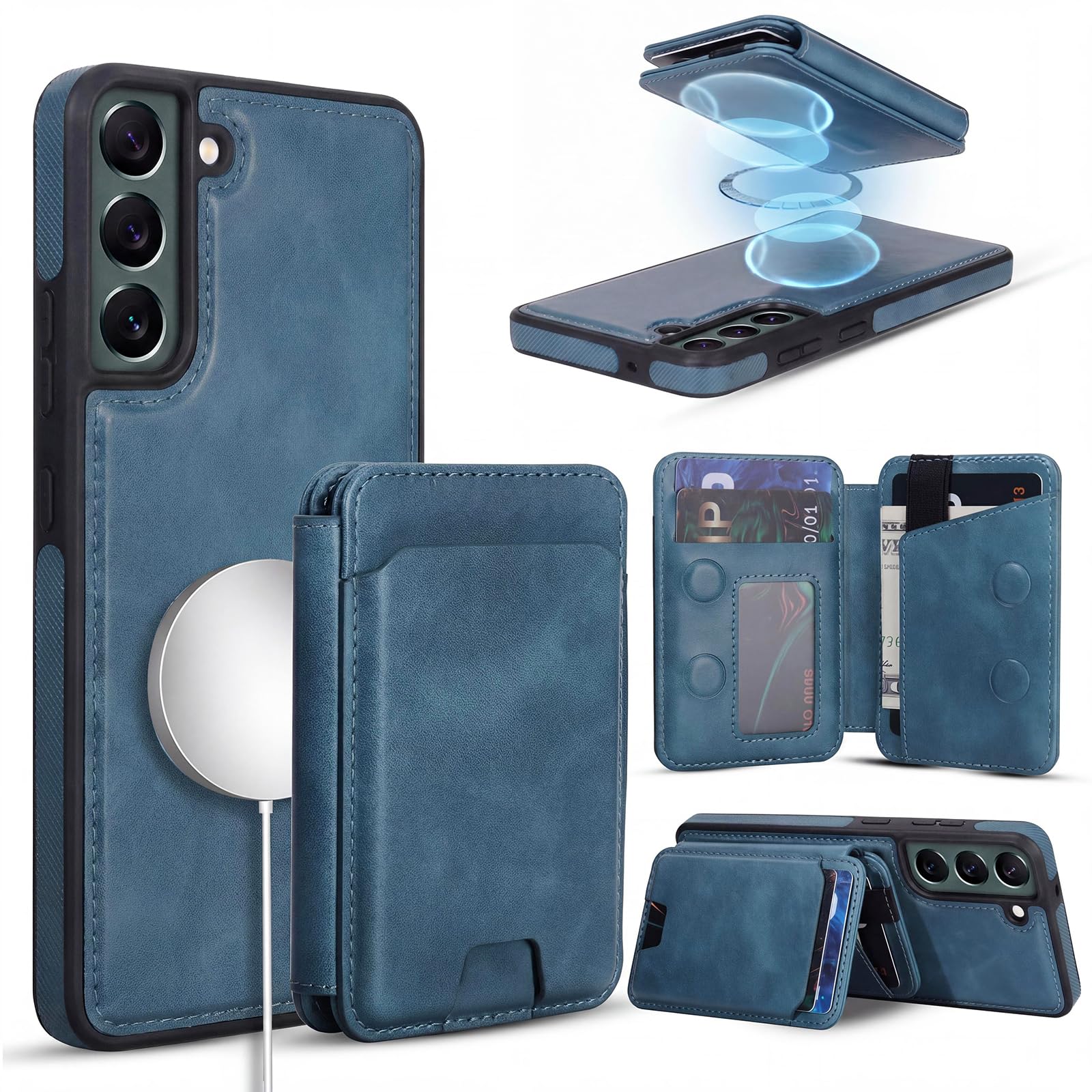 Custodia a portafoglio magnetica staccabile per Samsung Galaxy S22 con cavalletto, 2 in 1 compatibile MagSafe con blocco RFID, custodia sottile in pelle PU blu
