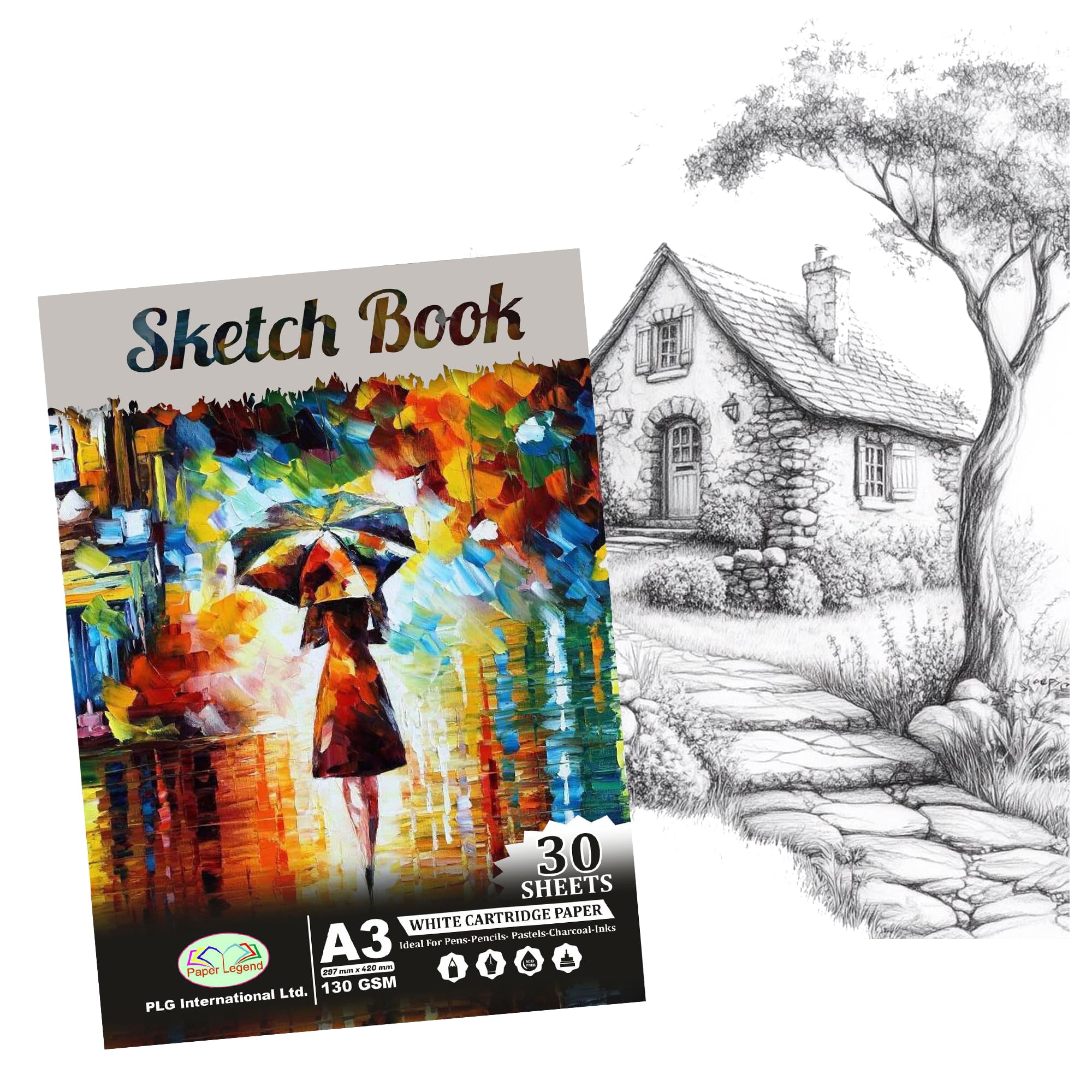 M1ss White A3 Sketch Book Center Pinning Book 130 Gsm Cartridge Paper Drawing Pads Art Book For Artist School Home Activity Acid-Free