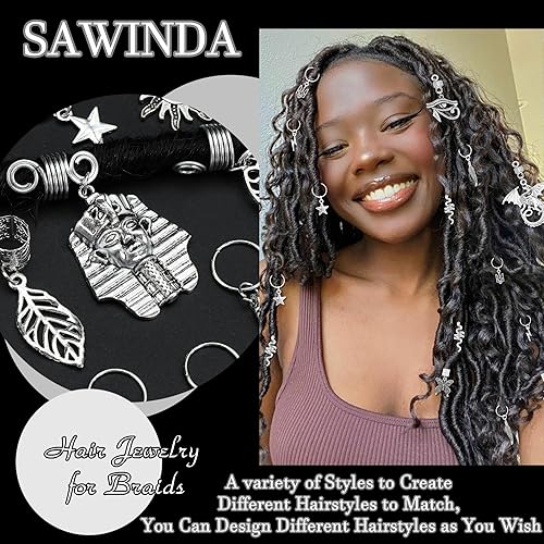 Miniatura 5 de 24 piezas de joyería para el cabello para trenzas, dijes plateados para mujer, joyería Loc, joyería multiforma, mariposa, luna, dragón, estrella,