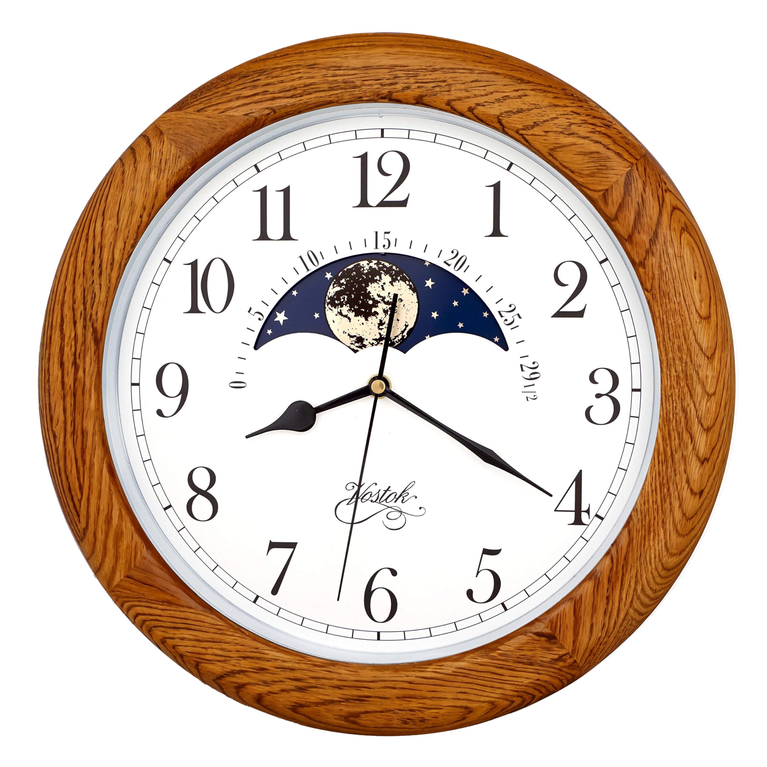 Sponsored Ad - JUSTIME 14 Inch Exclusive Solid Oak Wood Non-Ticking Sweep Mechanical Specialty Moon Phase Moving Dial Wall Clock, Gift, Home Décor
