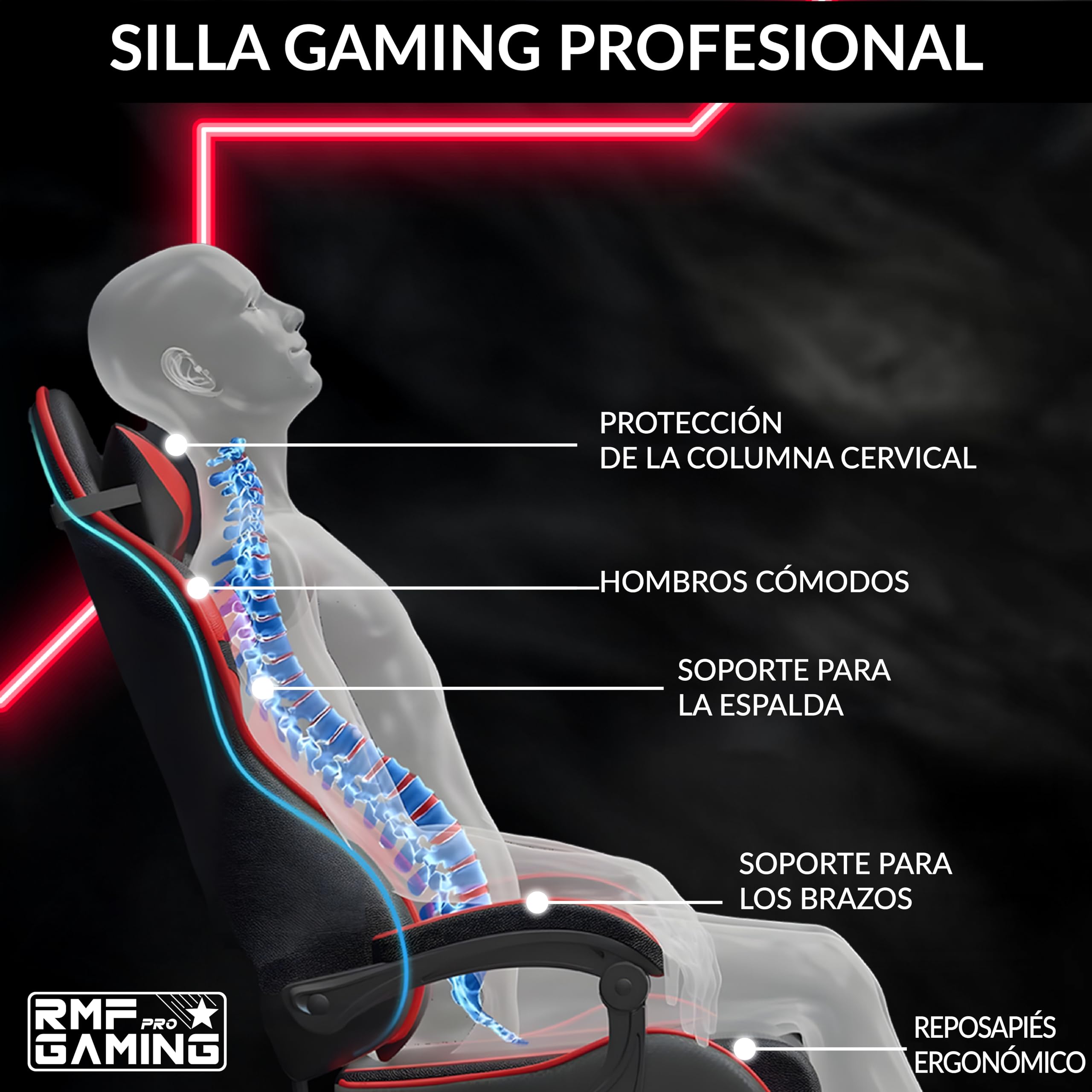 RMF Silla Gaming Profesional Ergonómica Reclinable, Sillón Gaming de Asiento Cómodo y Relajante con Reposapiés - Silla para Gamer con Ruedas Giratorias, Altura Ajustable Rojo/Negro