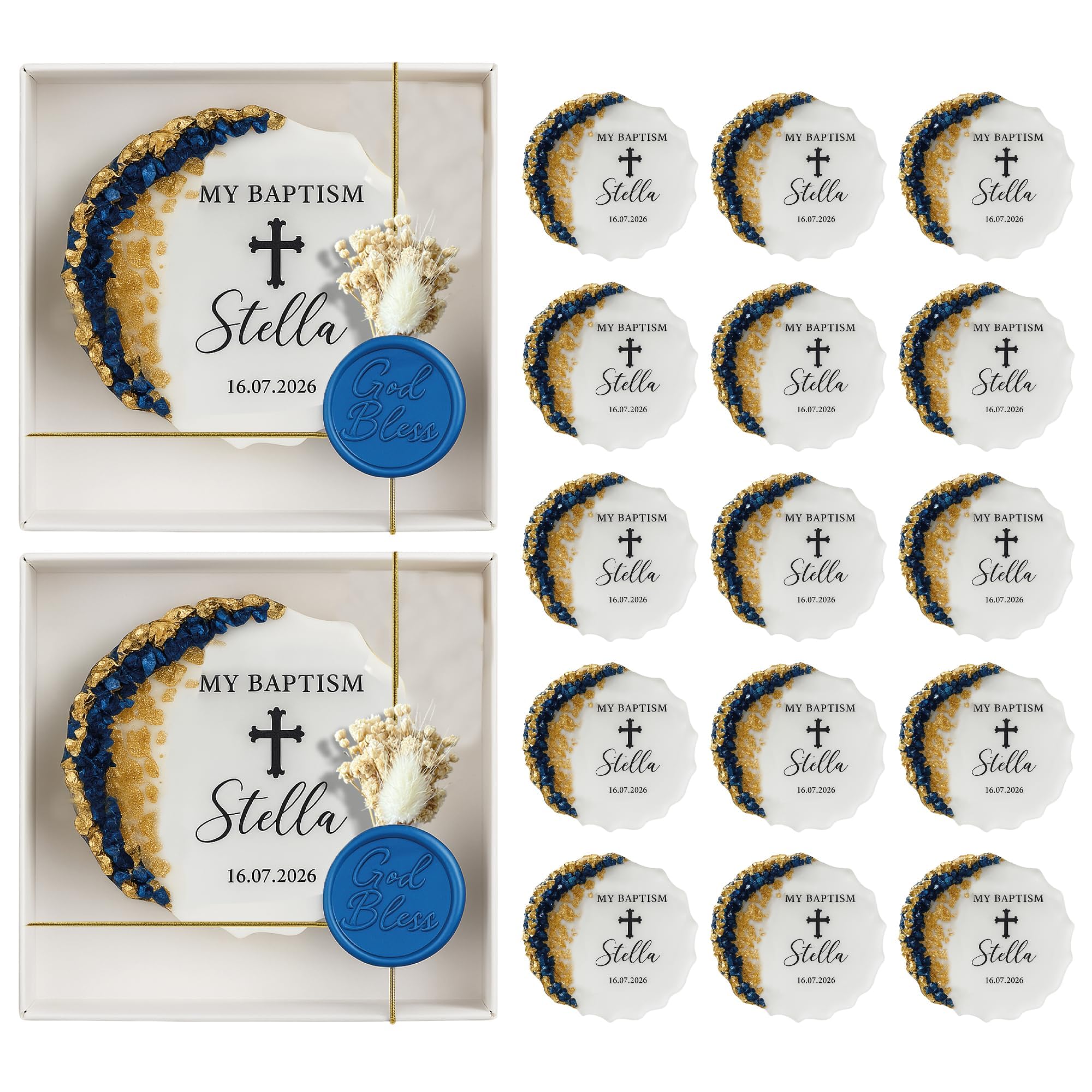 Generisch Personalisierte Taufmagnete mit Namen & Datum – Gastgeschenke zur Taufe für Jungen – Epoxidharz Magnet mit Kreuz, blauen Kristallen & Goldakzenten (25 Stück mit Geschenkbox)