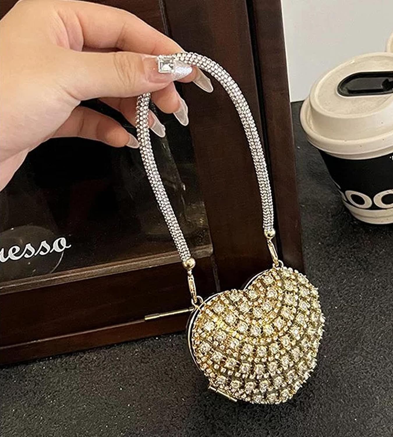 Sweetovo Small Rhinestones Heart Shape Clutch Purses for Women Mini Sparkly Evening Bags for Prom Cocktail Party Wedding image 2