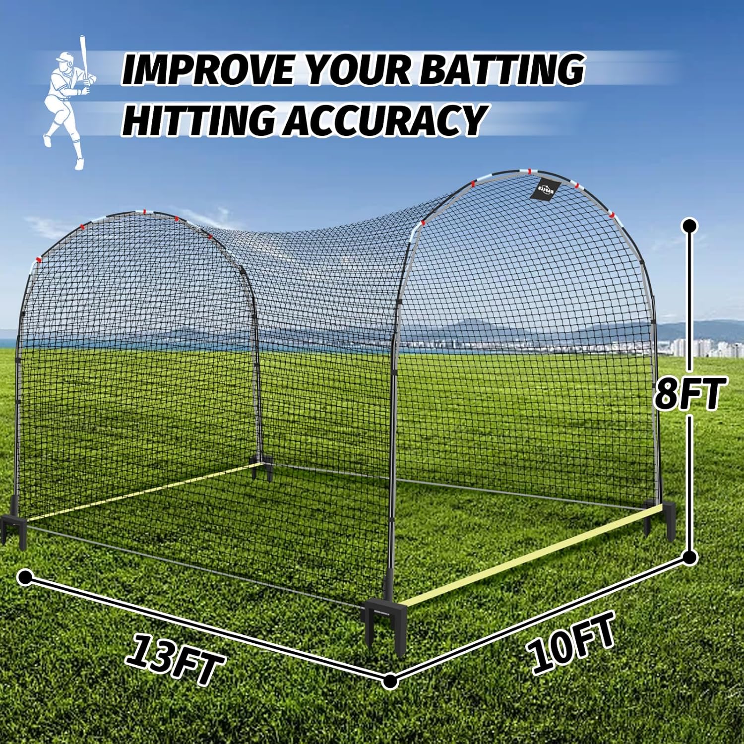 Kapler Baseball Batting Cage Net - 13ft x 10ft x 8ft Secure Steel Frame and Heavy Duty 4 Ground Stakes - Solo or Team Training for Backyard Field Outdoor Indoor Use