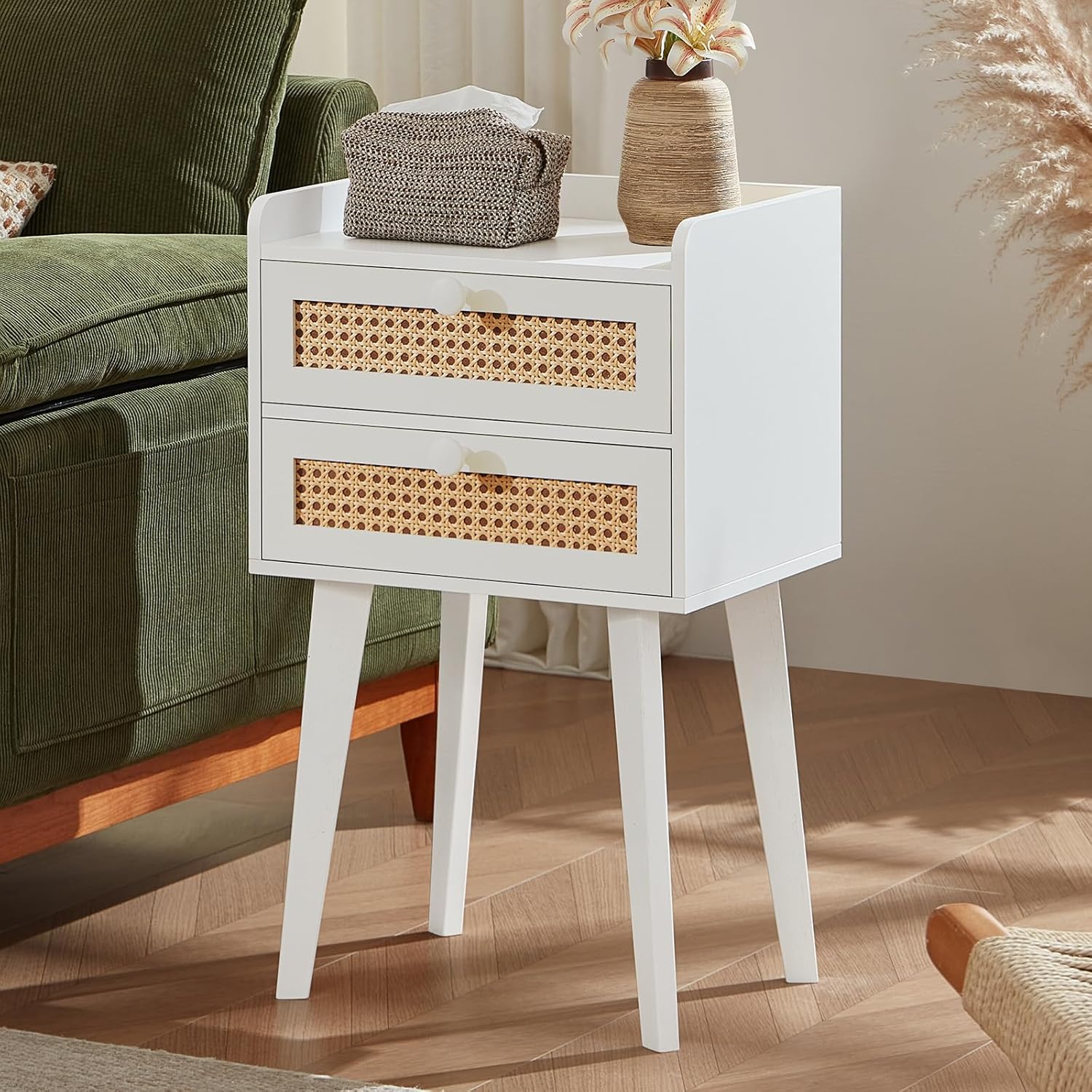 Lerliuo Rattan White Night Stand Set of 2 with 2 Drawers, Cane Accent Nightstand Bed Side End Table with Solid Wood Legs, Boho Nightstands Bedside Tables for Bedroom Living Room Dorm and Small Spaces