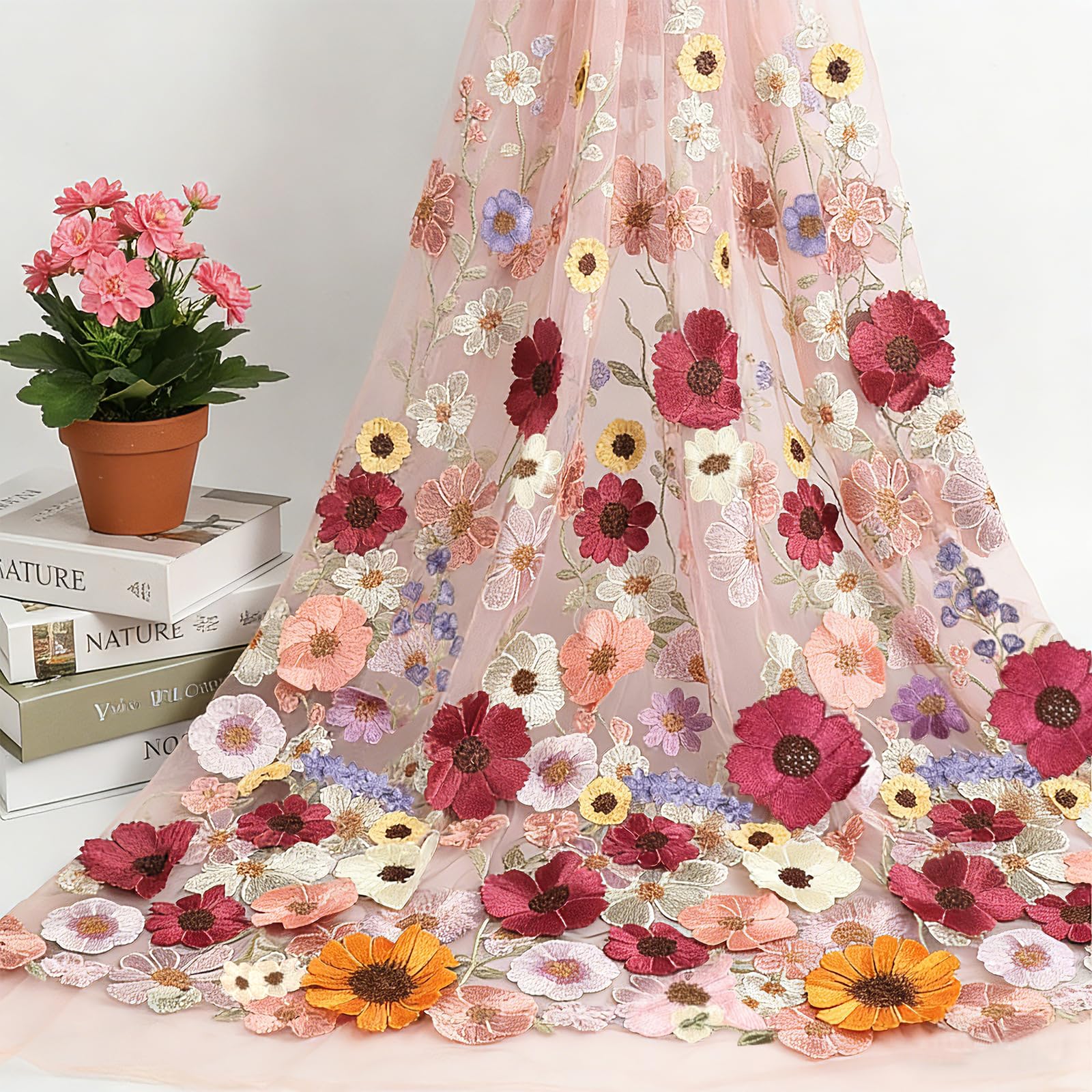 Dentelle brodée 3D rose de haute qualité Primst pour robe - 8