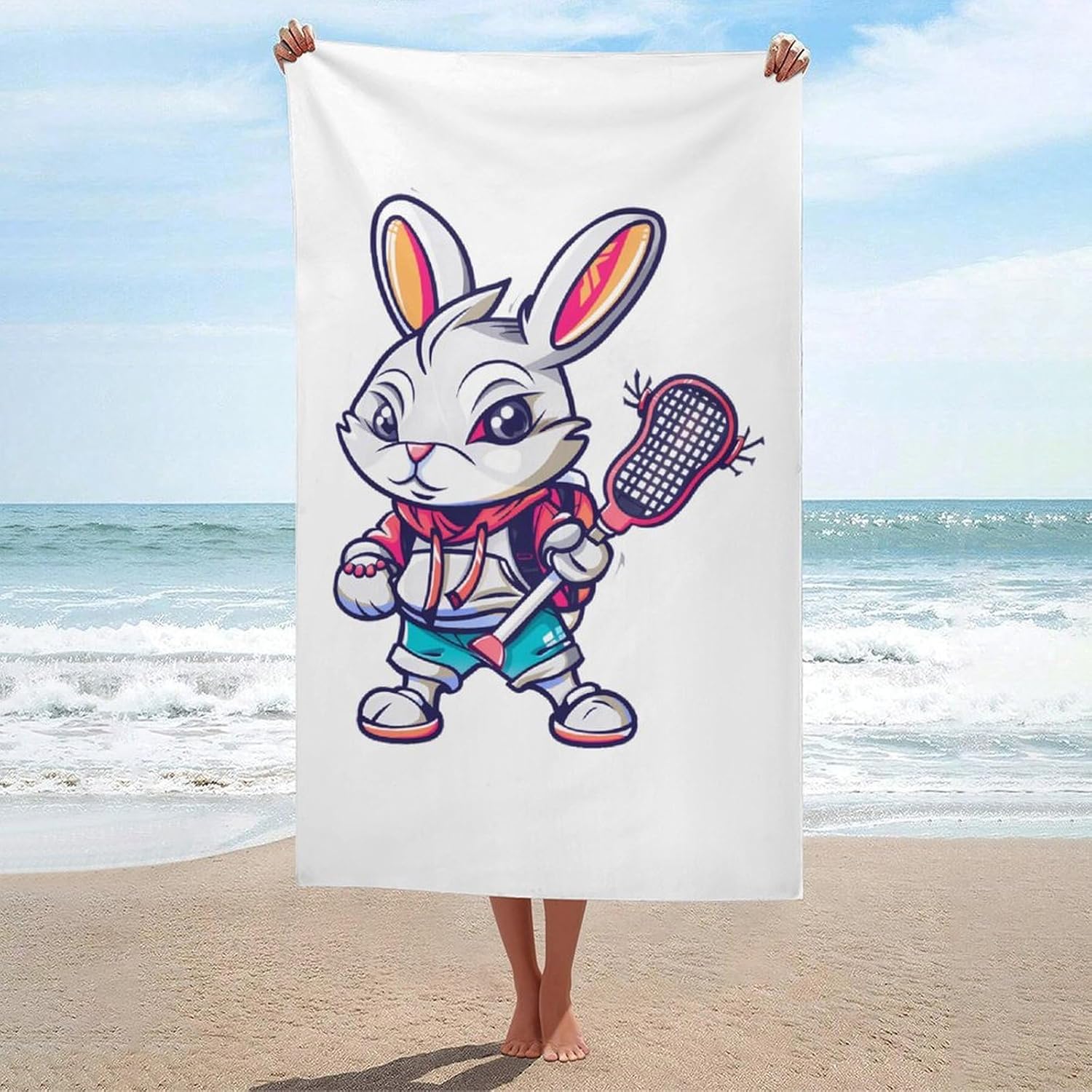 Funny Lacrosse Player Bunny Bath Towel Beach Towels Quick Dry Oversized Bath Blanket Highly Absorbent Towel for Women Men 160x80cm