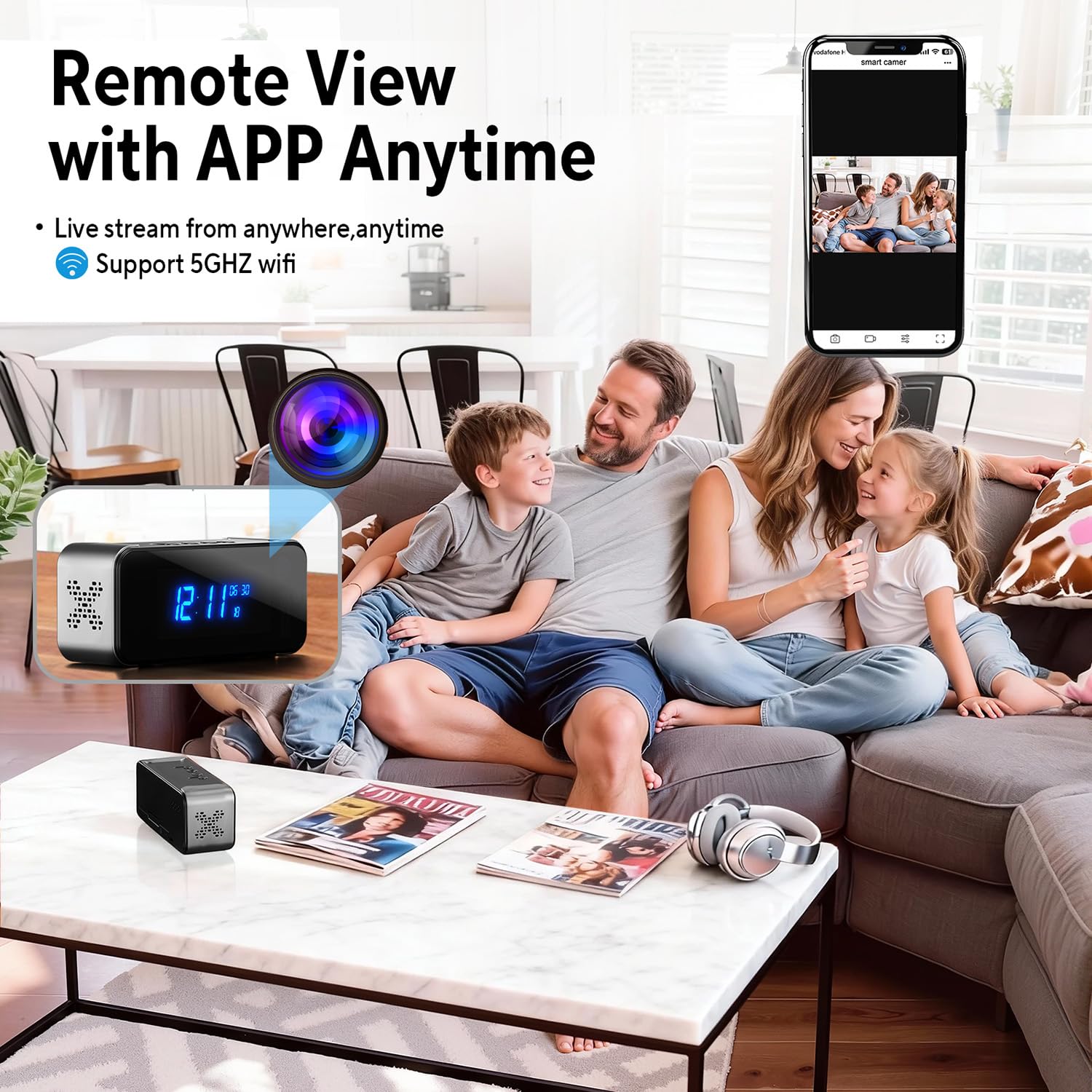 Cámara oculta, cámara de seguridad inalámbrica para interiores para niñera/mascota/bebé, cámara espía WiFi con reloj despertador y altavoz Bluetooth, visión nocturna HD 4K y detección de movimiento