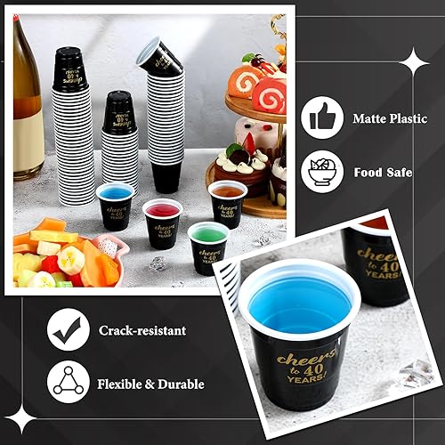 Miniatura 7 de 100 vasos desechables de plástico de 2 onzas con texto en inglés "Cheers to 30", 40, 50, 60, 70 años, vasos de plástico desechables para cumpleaños,