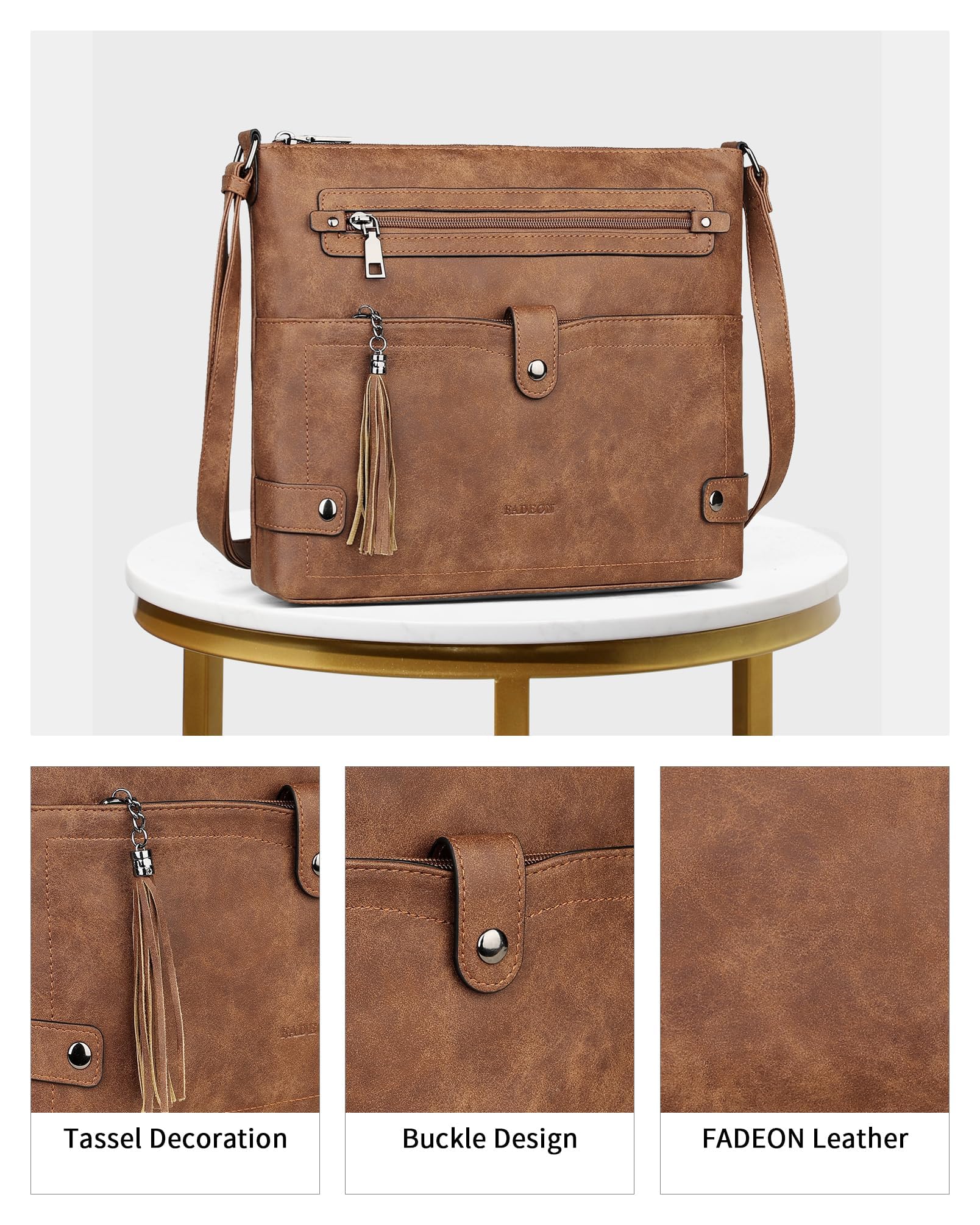 FADEON Large Crossbody Purses for Women Crossbody Bag, Designer Leather Cross Body Purses Multi Pocket Shoulder Bag