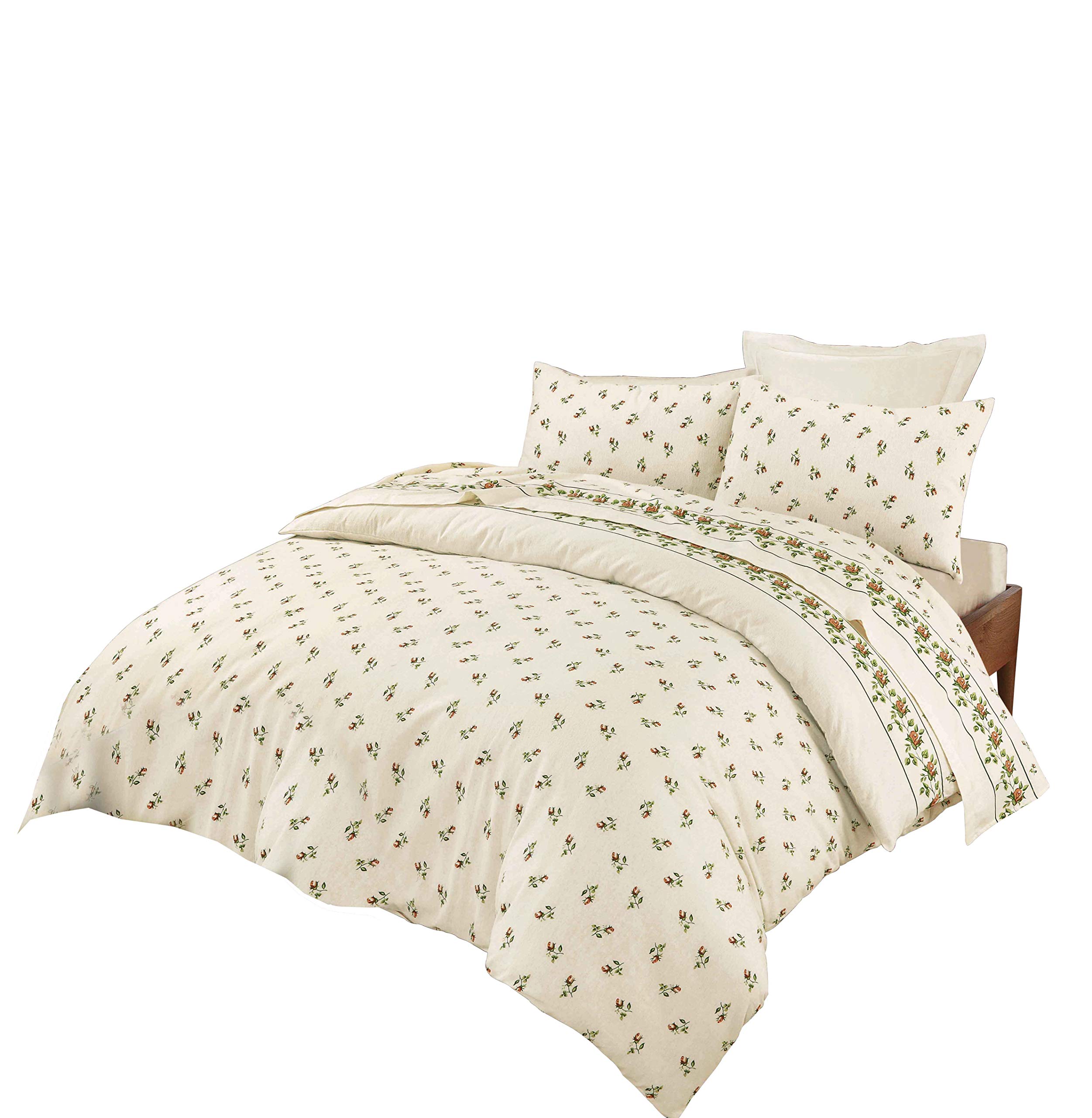 Nz Rose Bud Floral Pattern Luxurious Flannelette 100% Natural Brushed Cotton Thermal Duvet Cover Sets Reversible Bedding Sets (Natural, King)