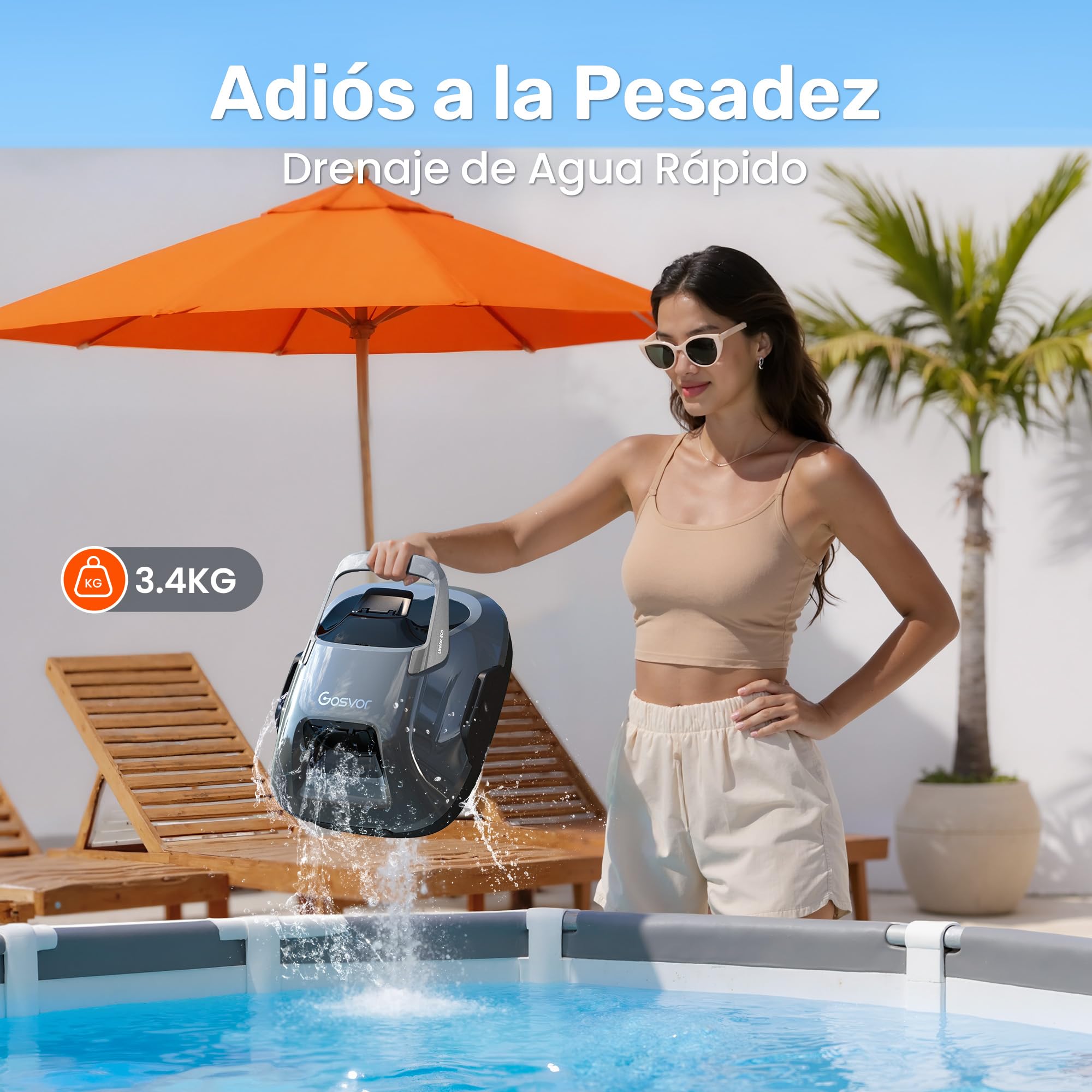 Gosvor Robot Limpiafondos Piscina Automático,con Filtración de 180μm,con 90 Minutos de Autonomía,Tiene Autoaparcamiento,para Piscinas de 80m² sobre el Suelo y Subterráneas Planas,Gris