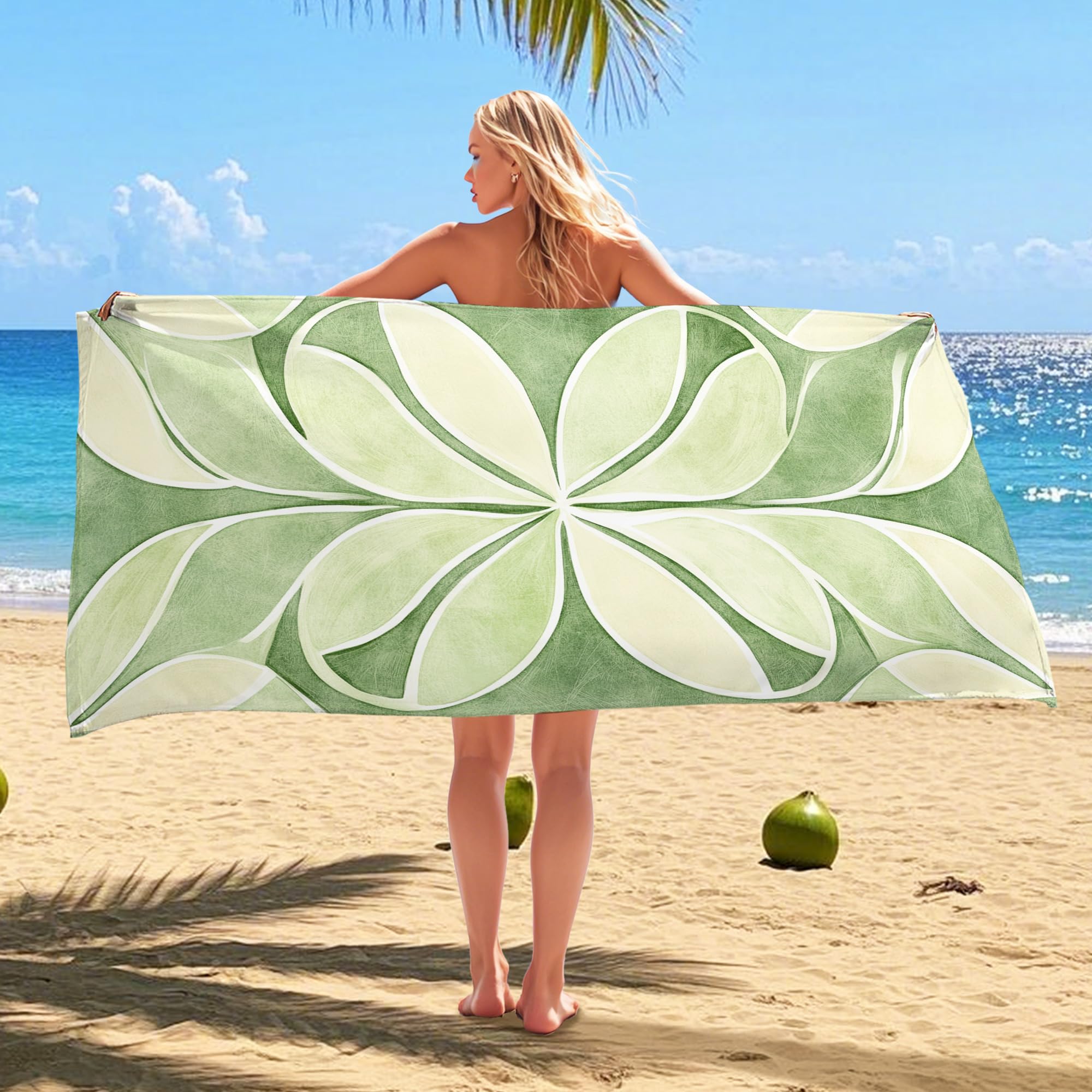 Sage Green Floral Microfiber Beach Towel, Quick Dry Absorbent Sand Free Lightweight Beach Blanket, Perfect for Vacation, Picnic, Pool Gym Essentials 70x35 Inch