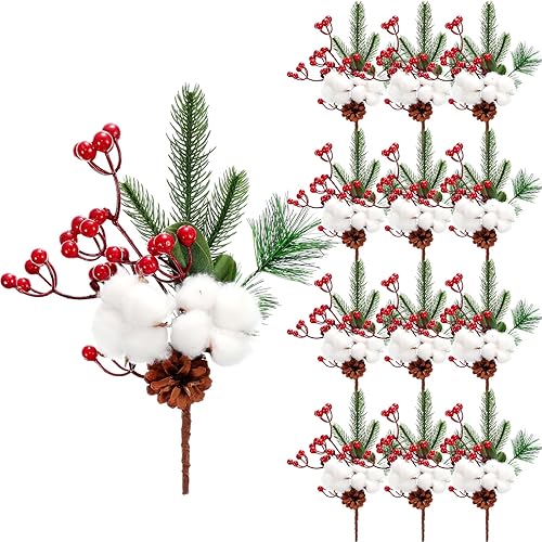 12 púas de pino nevado de Navidad, púas de bayas rojas, púas artificiales de pino de acebo, bayas falsas, conos de pino para manualidades de