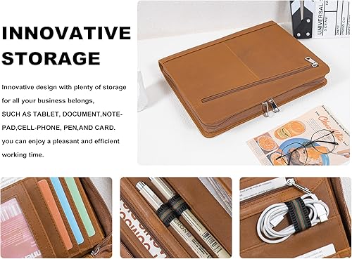 Miniatura 9 de AZXCG Portafolio organizador de cuero para hombres, folio profesional con soporte para bloc de notas A4Legal, cartera con cremallera para currículum