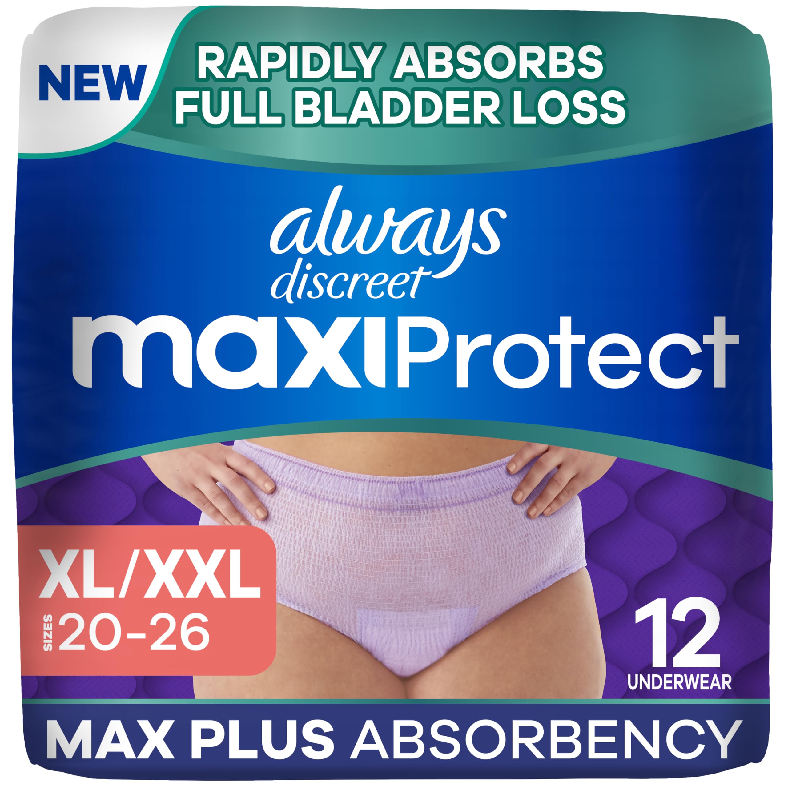 Always Discreet MaxiProtect Adult Diapers for Women, Incontinence Underwear, Scented, Postpartum Essentials, Bladder Leak Protection, Disposable Briefs, Maximum Plus Absorbency, Size XL/XXL, 12 Count