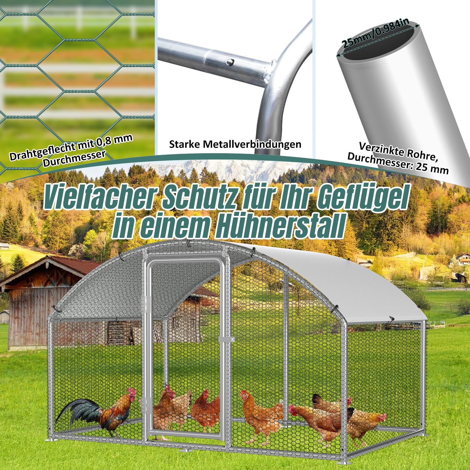 Wybieg dla kurników, 3 x 2 x 2 m, metalowa klatka dla małych zwierząt z zamkiem bezpieczeństwa i wodoszczelną osłoną wylewki, dach kopułowy dla kur, klatka dla ptaków, roślin