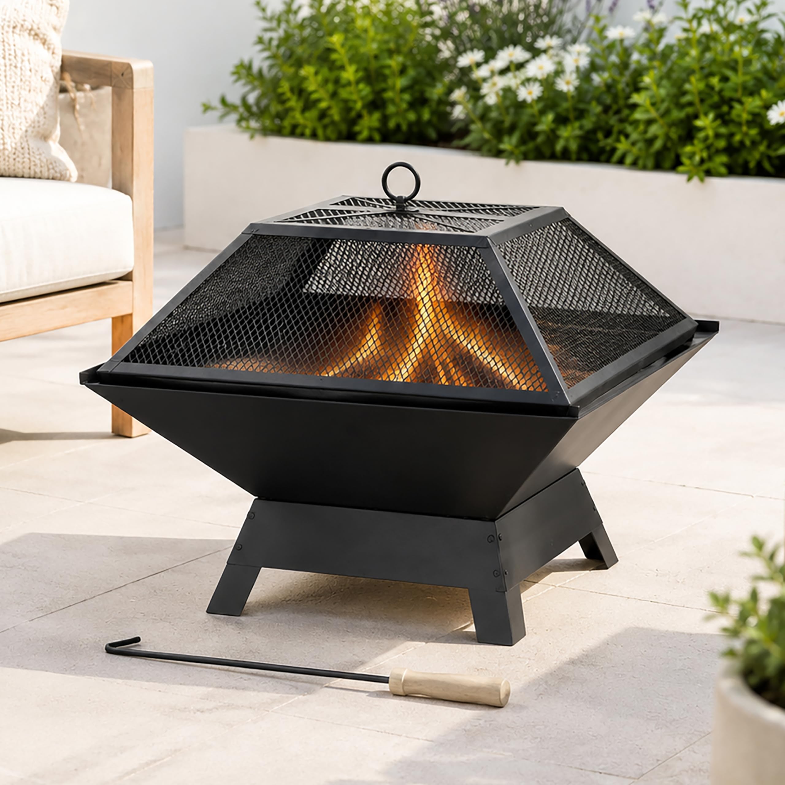 Marco Paul Large Square Fire Pit 45cm Outdoor Wood Burning Fire Pit with Mesh Spark Guard Lid & Poker Black Powder Coated Steel Fire Bowl Patio Heater for Garden, Patio, Terrace & Outdoor Heating