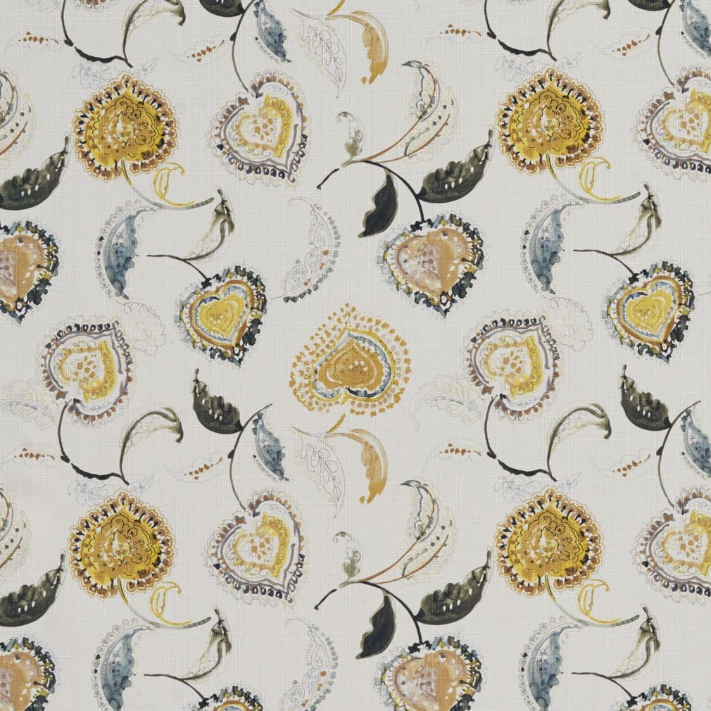 Gold Abstract Flowers and Leaves Print Upholstery Fabric by The Yard - SKU: Gable Saffron