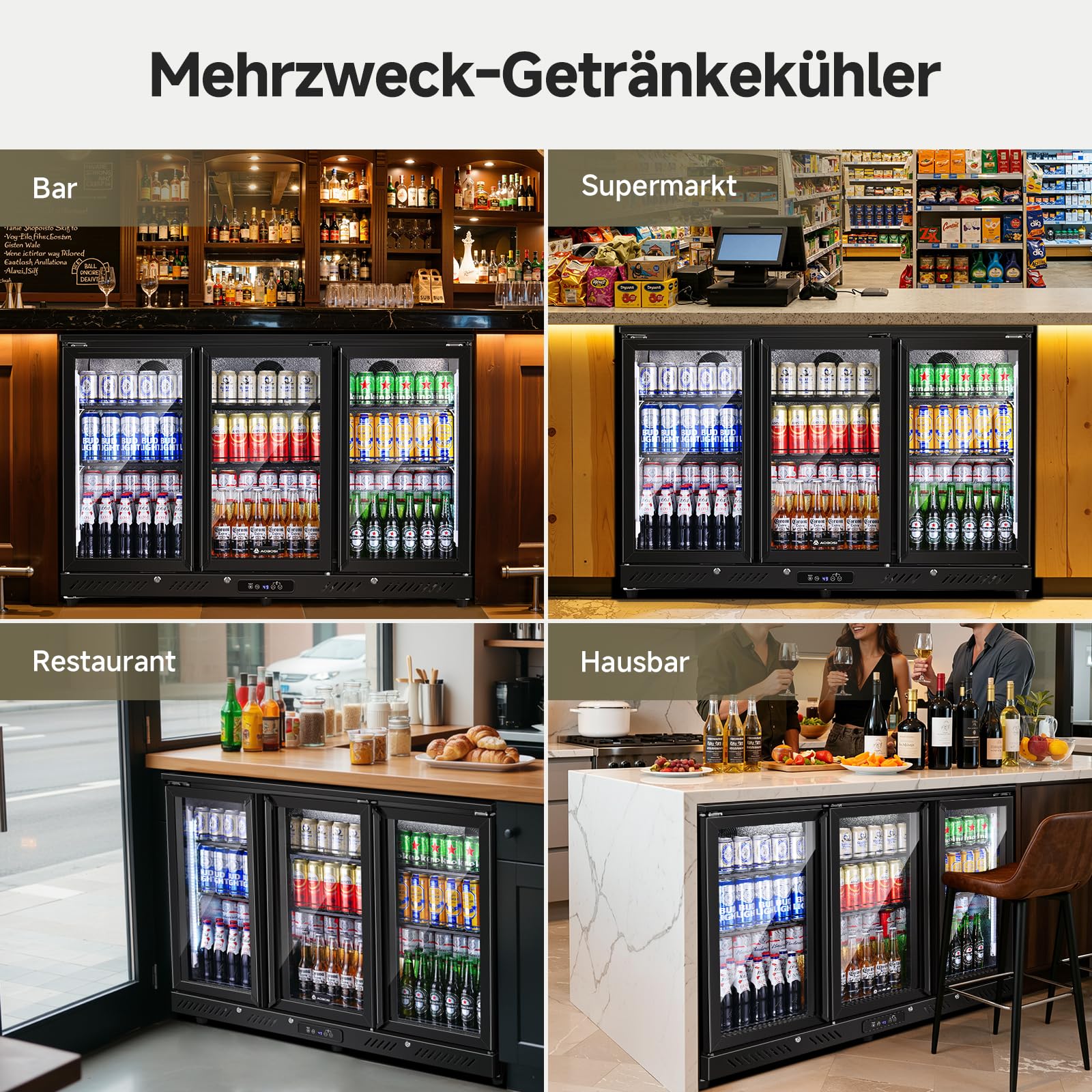 AAOBOSI Bierkühlschrank 339L Touch-Display 0–10°C LED-Seitenbeleuchtung Automatische Abtauung Sicherheitsschloss