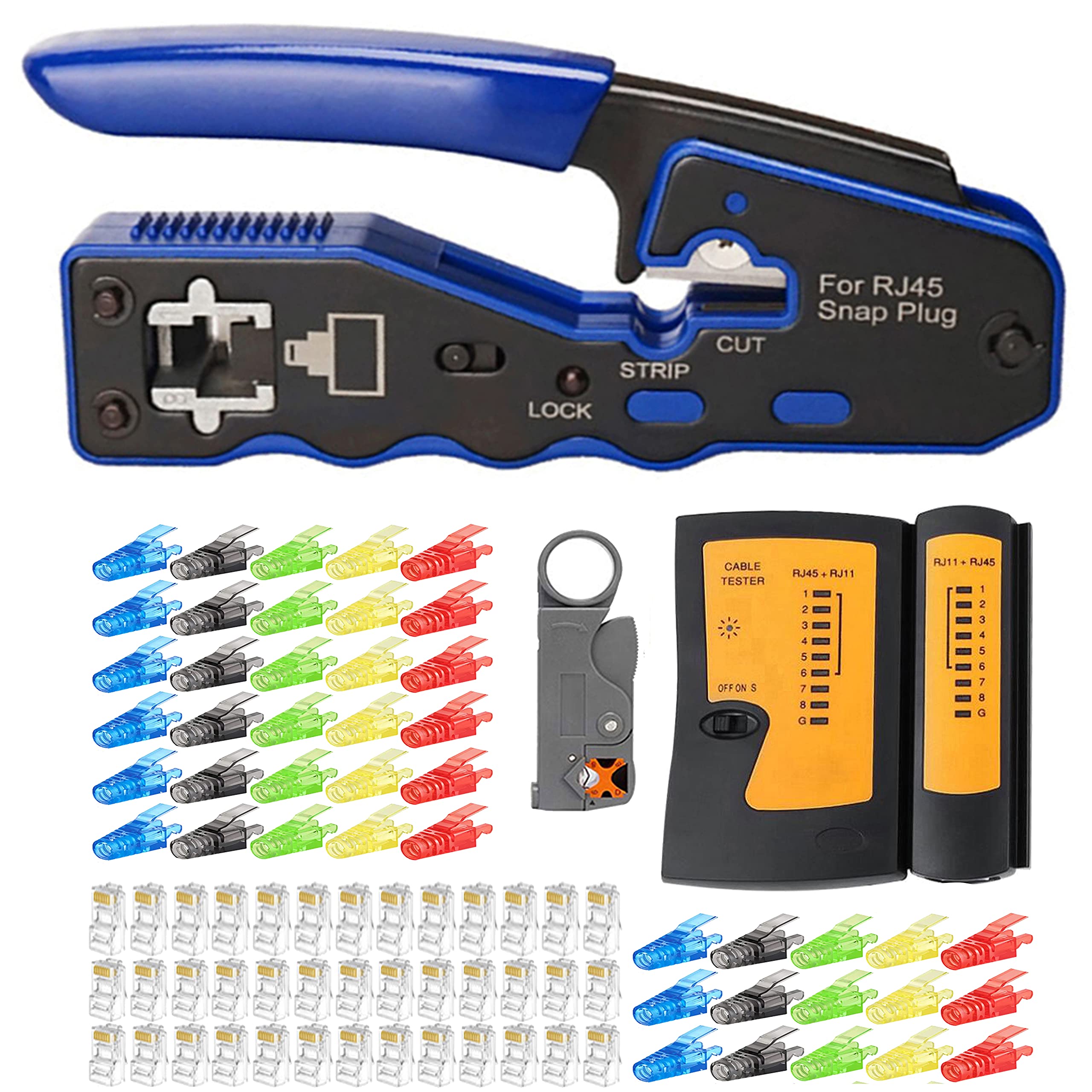 MAYLINE-TECHMAYLINE RJ45 Crimp Tool Cable Tester Cat5 Cat5e Cat6 Crimping Cutter Tool for RJ45/RJ12 Regular and End-Pass-Through Crimper with Connectors&Covers with Network Wire Stripper (Orange)