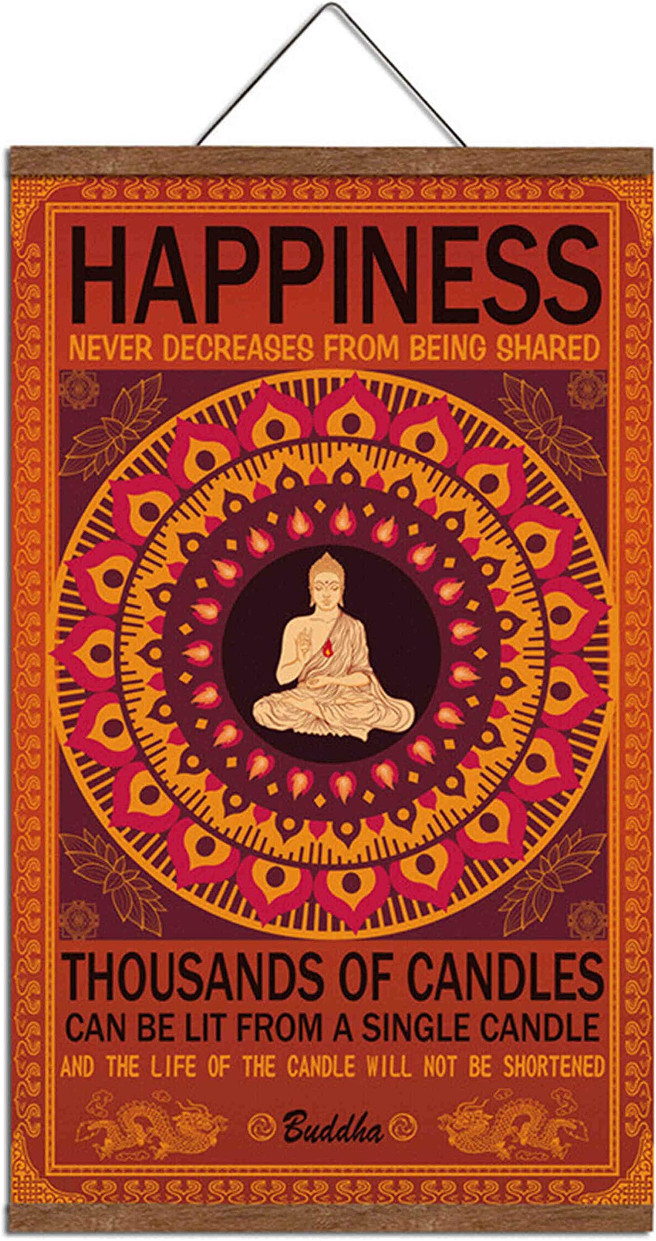 WEROUTE Buddha Wall Art Zen Decor Printed on Canvas with Scroll Wood Frame Hanger Poster Happiness Quote Motivational Home Decor Hanging Painting 15.7 x 27 inch