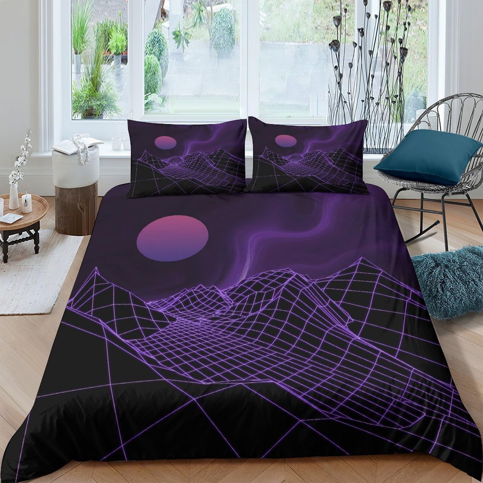 Ctjqhvkz Style-5 3D Printed Purple Neon Sunset Fitted Sheet Microfiber Soft Geometric Mountain Bed Cover For Bedroom Dorm Mattress Protection Decor Single（135X200cm）