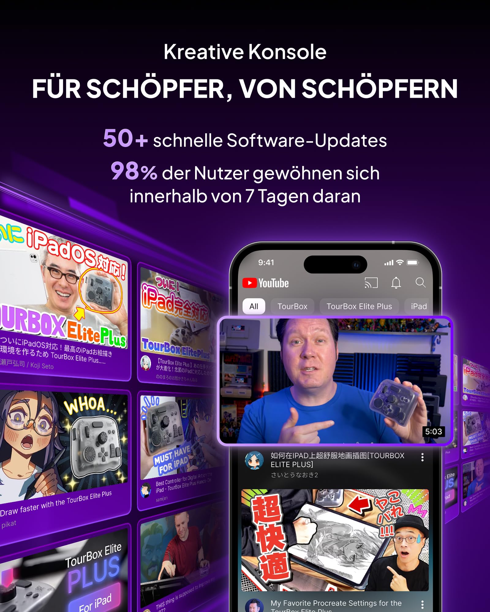 TOUR BOX Elite Plus, iPad-Zeichnen, Bluetooth-Controller für Video- und Foto- Bearbeitung, iPad/Mac/Windows-Konsole Tastatur für Procreate Adobe Krita Davinci inkl. Vollständig anpassbare Software