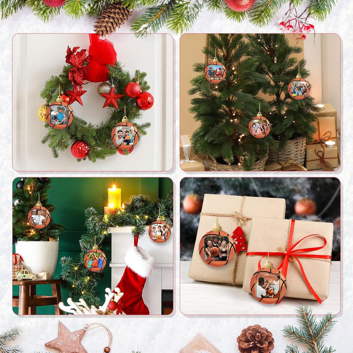 12 Pcs Basketball Sports Ornaments for Christmas Tree Decorations Wooden Christmas Picture Frames Xmas Photo Ornament Gifts for Sports Player Team Keepsake Party Favors - Image 6