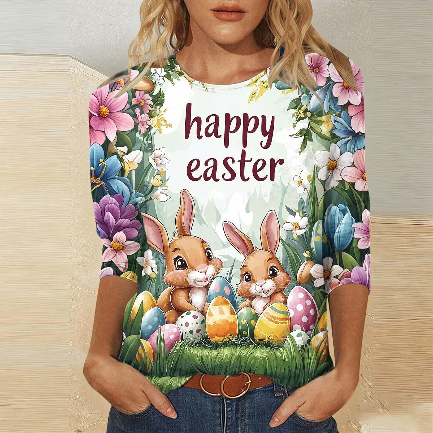 Easter Shirts for Women 3/4 Length Sleeve Holiday Blouse Funny Bunny Egg Graphic Tees Fashion Crew Neck Tops 2026