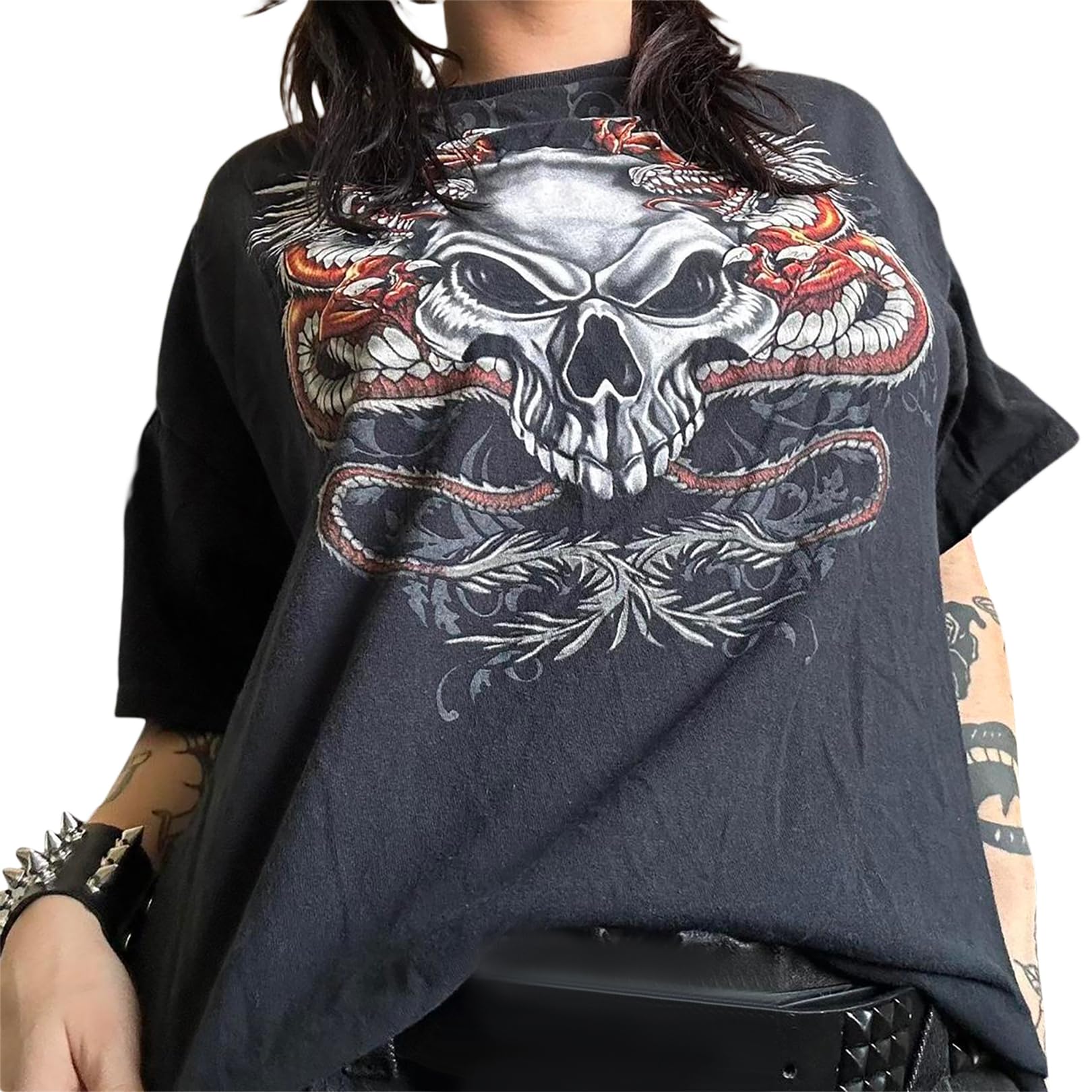 Womens Gothic Graphic Tees Y2K Print Fairy Grunge Aesthetic Crew Neck Short Sleeve T Shirts Vintage E-Girls Clothes